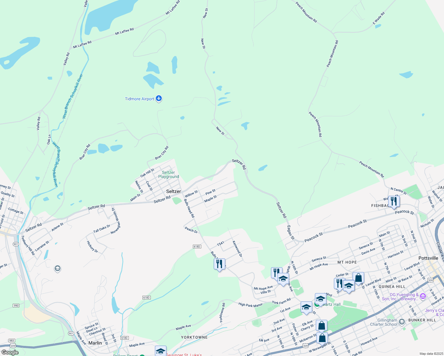 map of restaurants, bars, coffee shops, grocery stores, and more near 569 Willow Street in Pottsville