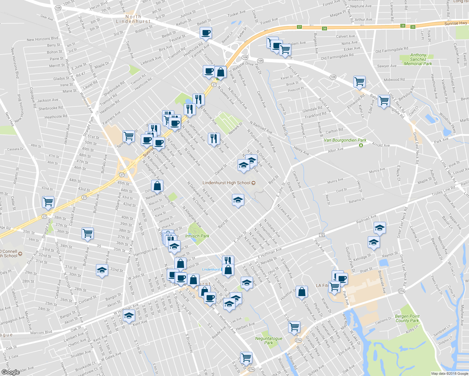 map of restaurants, bars, coffee shops, grocery stores, and more near 396 North Hamilton Avenue in Lindenhurst