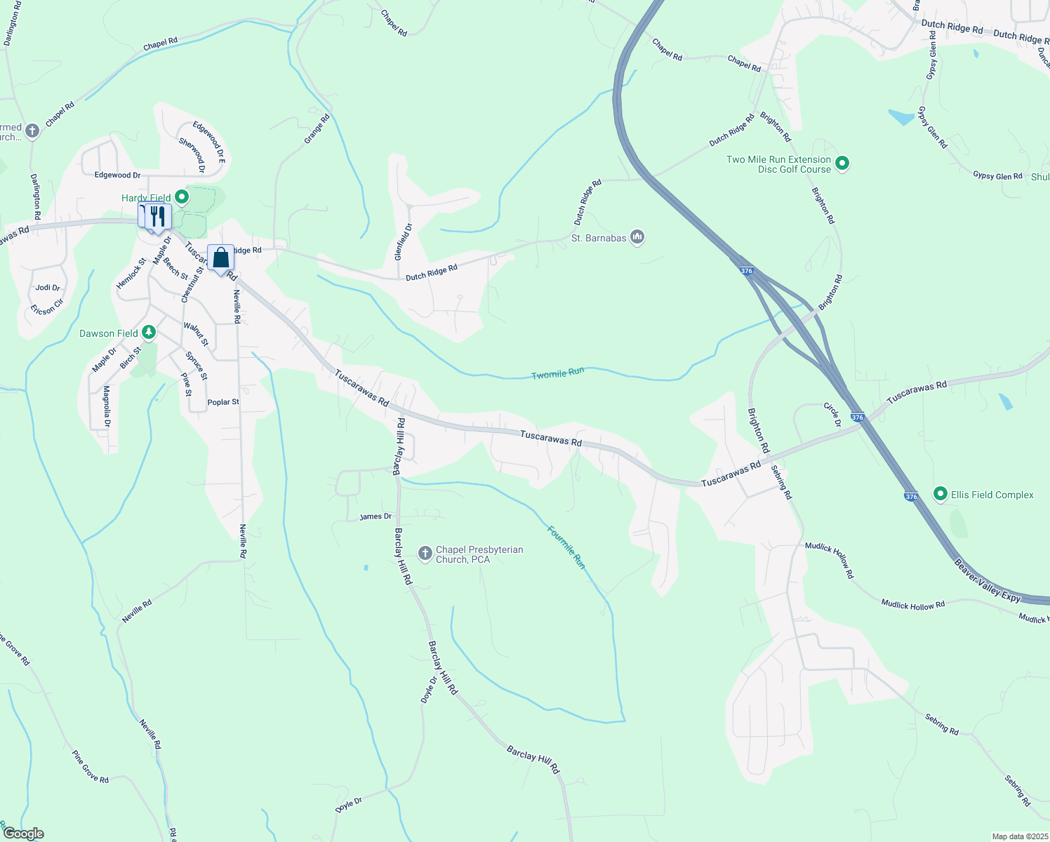 map of restaurants, bars, coffee shops, grocery stores, and more near 3530 Tuscarawas Rd in Beaver
