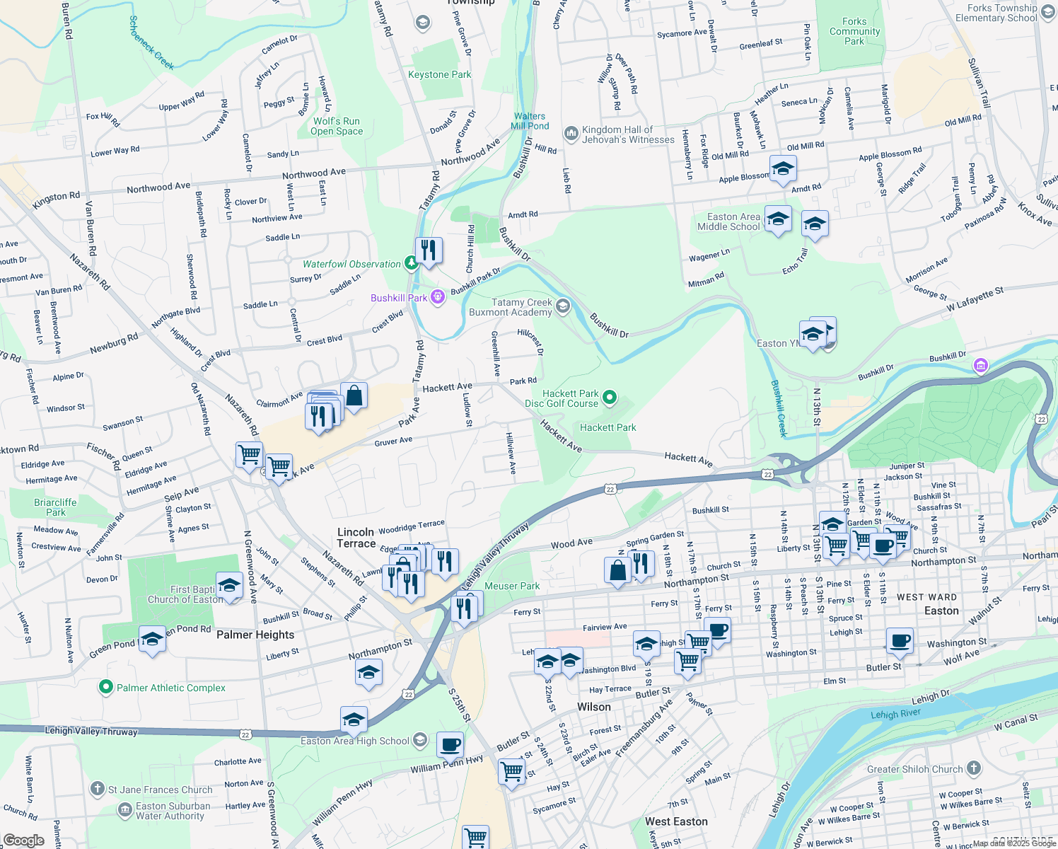 map of restaurants, bars, coffee shops, grocery stores, and more near 2100 Gruver Avenue in Easton