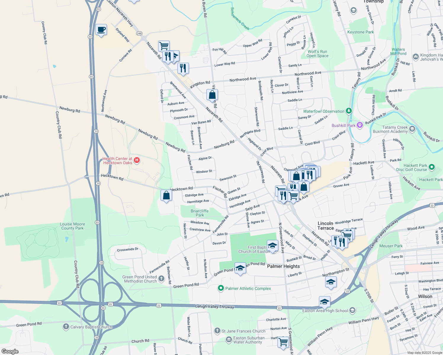 map of restaurants, bars, coffee shops, grocery stores, and more near 2901 Swanson Street in Easton