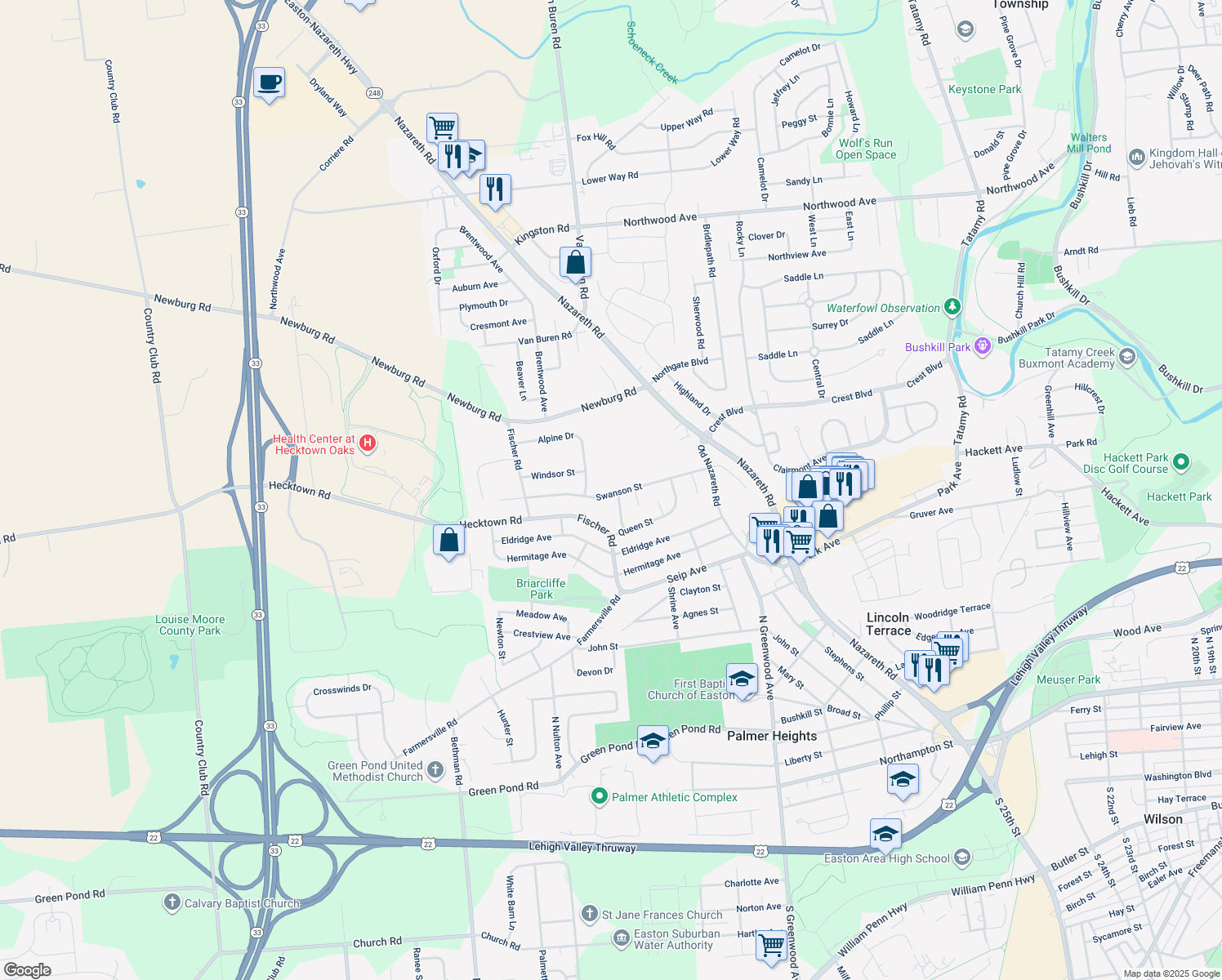map of restaurants, bars, coffee shops, grocery stores, and more near 2745 Swanson Street in Easton
