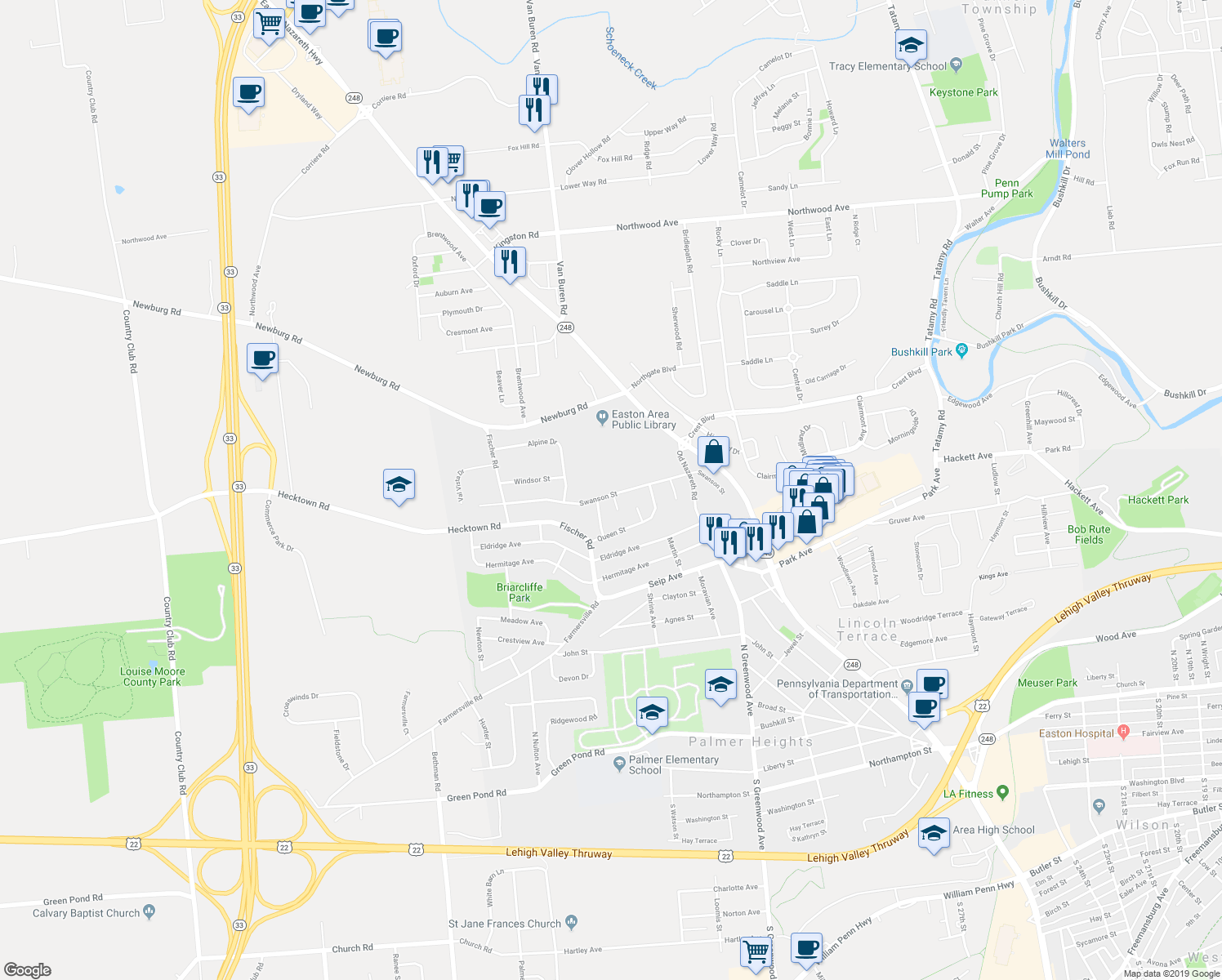 map of restaurants, bars, coffee shops, grocery stores, and more near 2729 Swanson Street in Easton