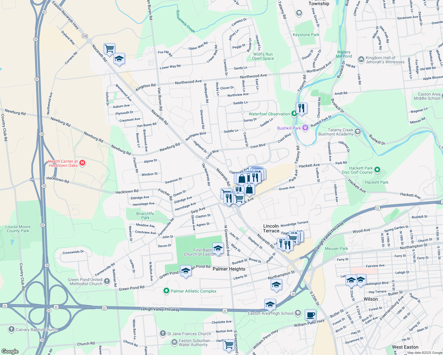 map of restaurants, bars, coffee shops, grocery stores, and more near 2507 Swanson Street in Easton