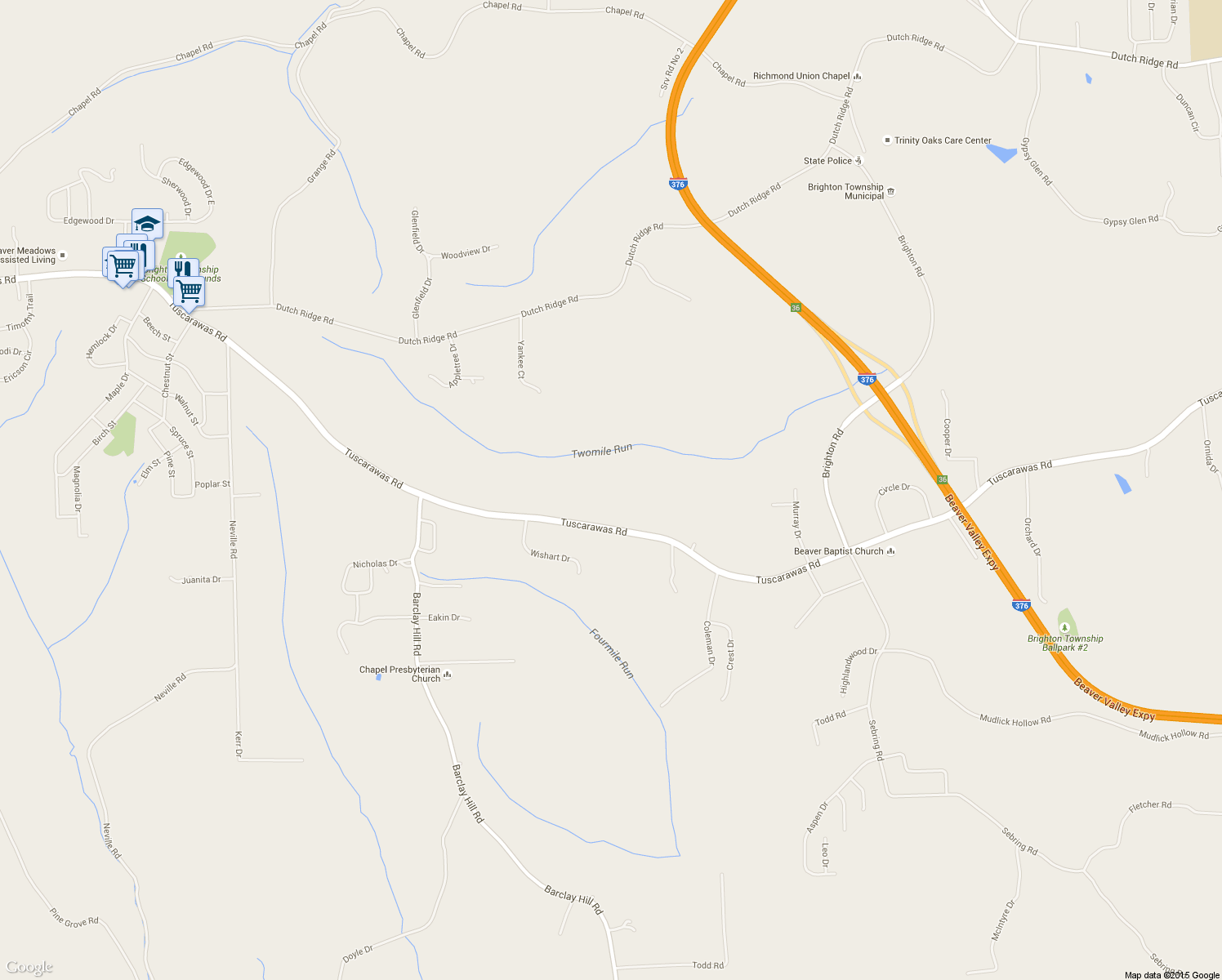 map of restaurants, bars, coffee shops, grocery stores, and more near 3400 Tuscarawas Road in Beaver