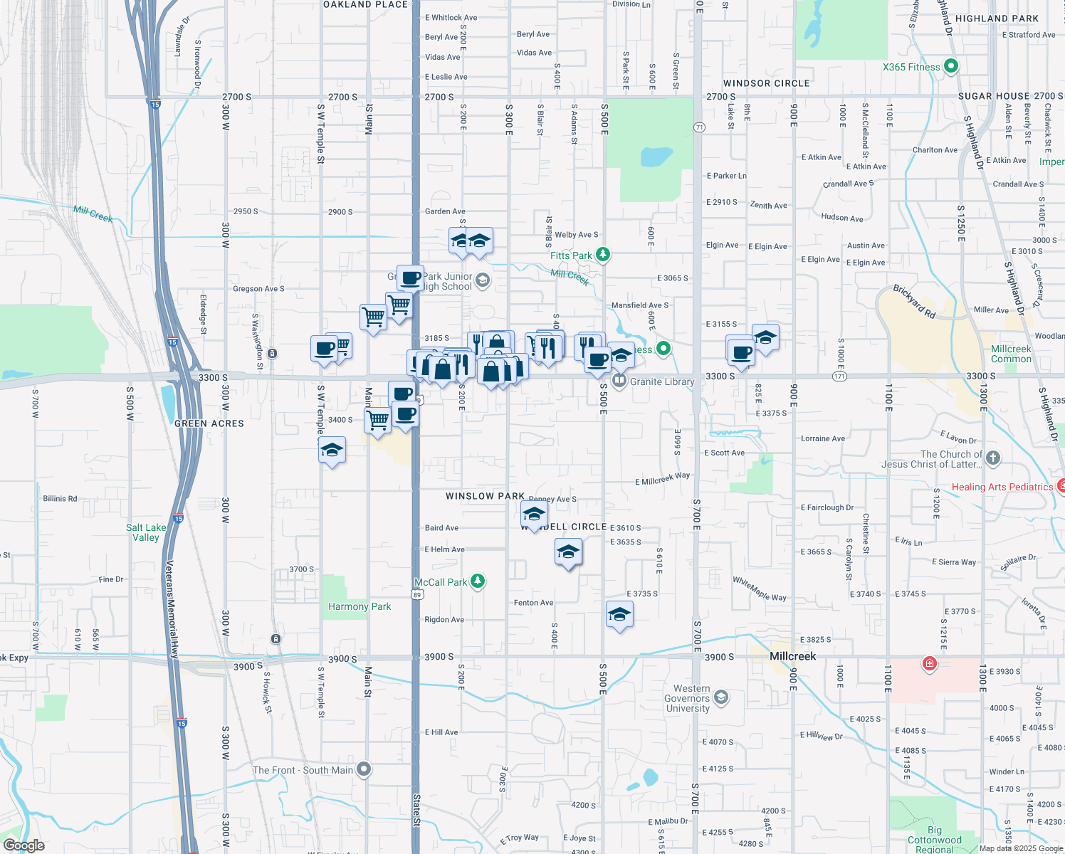 map of restaurants, bars, coffee shops, grocery stores, and more near 353 East Newsome Park Lane in South Salt Lake