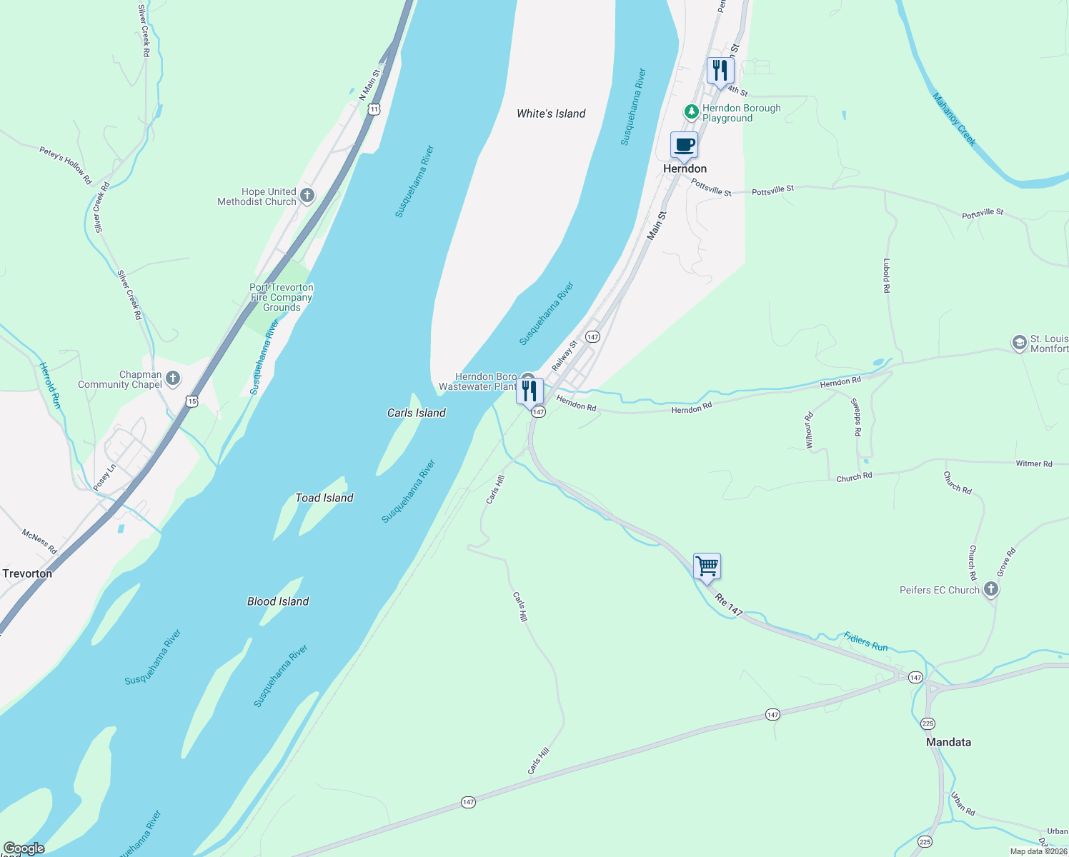 map of restaurants, bars, coffee shops, grocery stores, and more near 5075 Pennsylvania 147 in Herndon