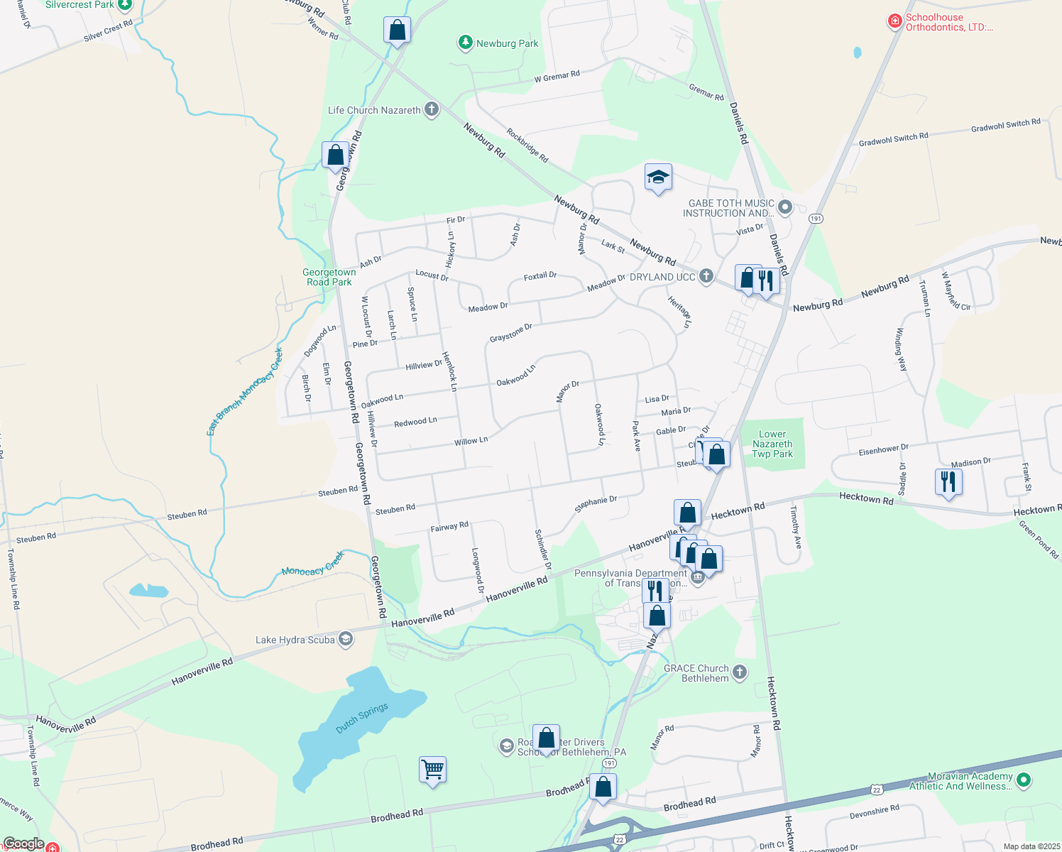 map of restaurants, bars, coffee shops, grocery stores, and more near 4569 Willow Lane in Nazareth