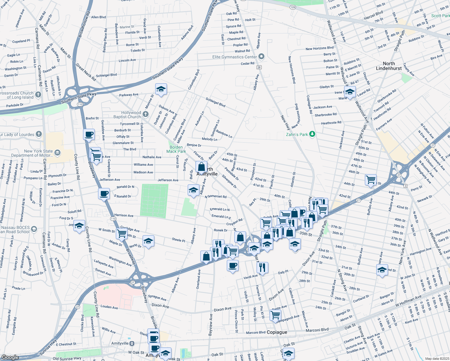 map of restaurants, bars, coffee shops, grocery stores, and more near 27 Silverpine Drive in Amityville