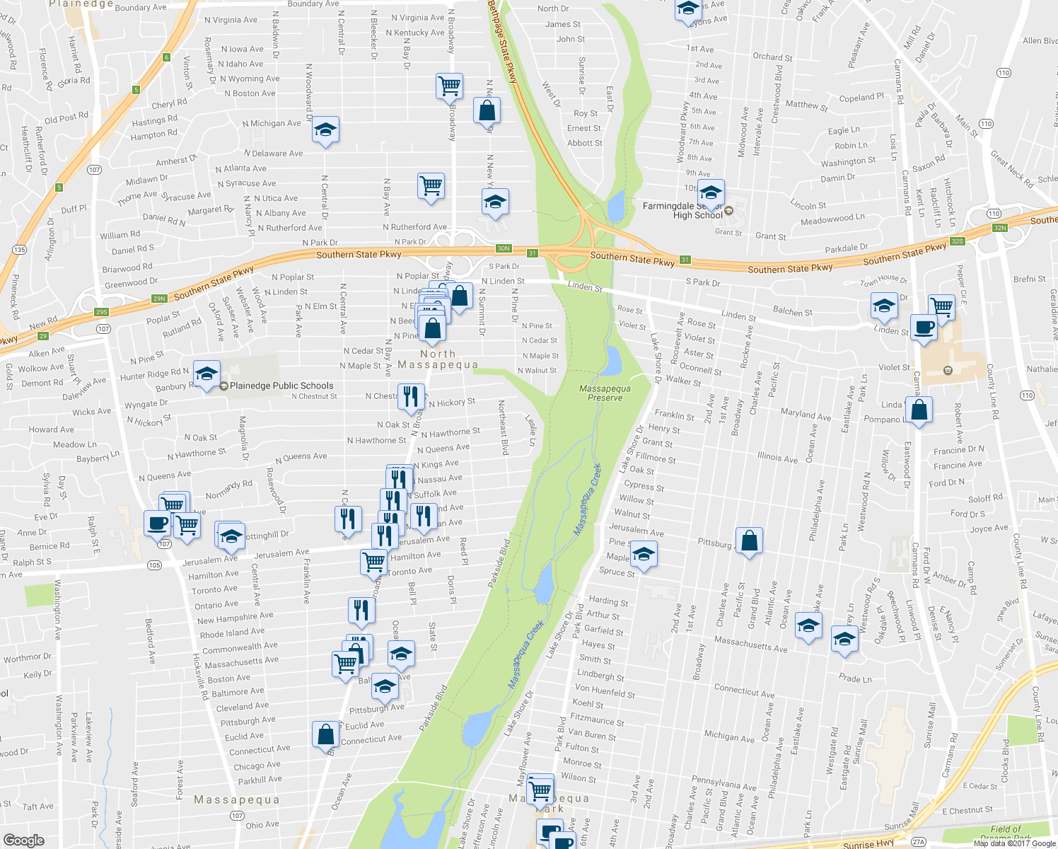 map of restaurants, bars, coffee shops, grocery stores, and more near 29 Leslie Ln in Massapequa