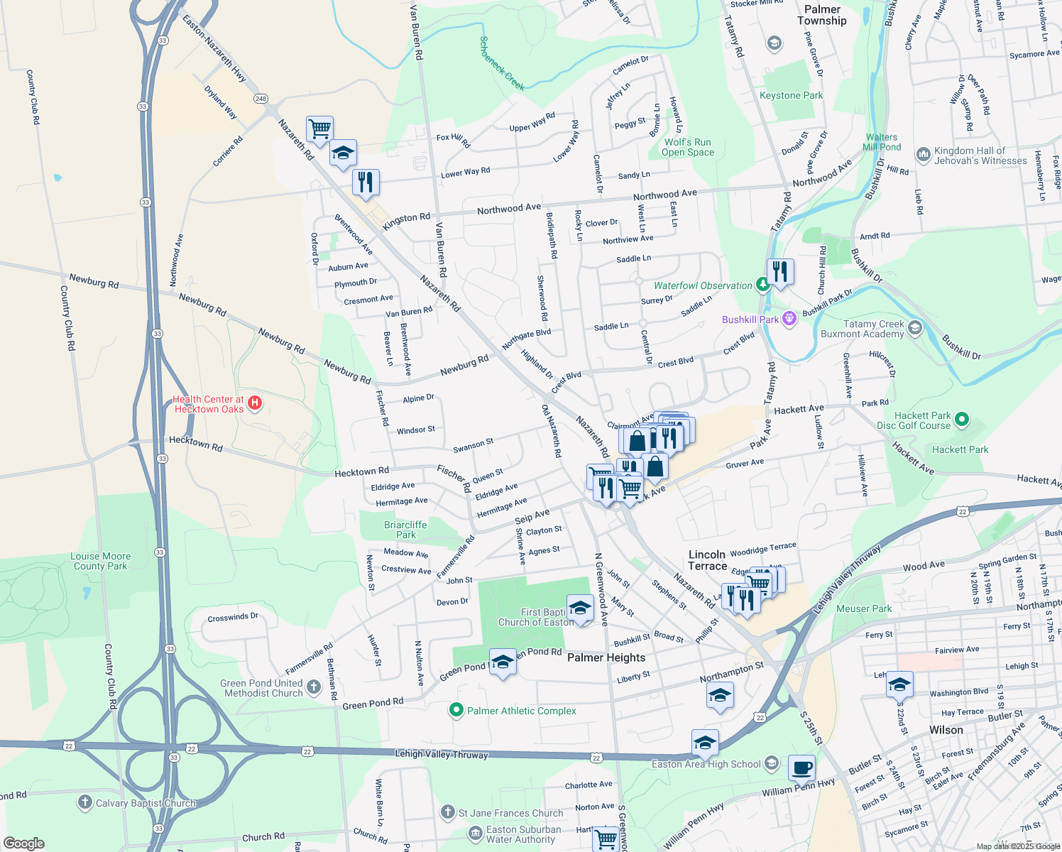 map of restaurants, bars, coffee shops, grocery stores, and more near 2611 Swanson Street in Easton