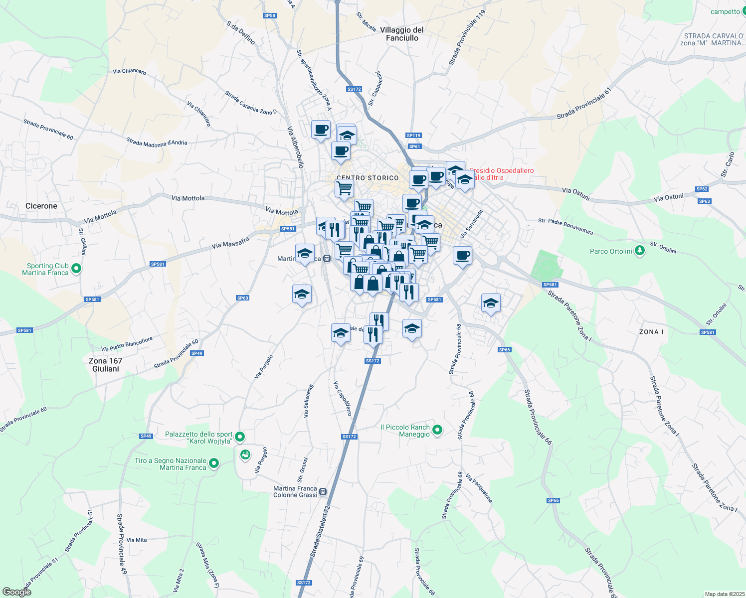 map of restaurants, bars, coffee shops, grocery stores, and more near 14E Via delle Ortensie in Martina Franca