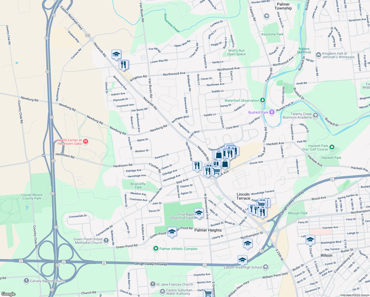map of restaurants, bars, coffee shops, grocery stores, and more near 2607 Swanson Street in Easton
