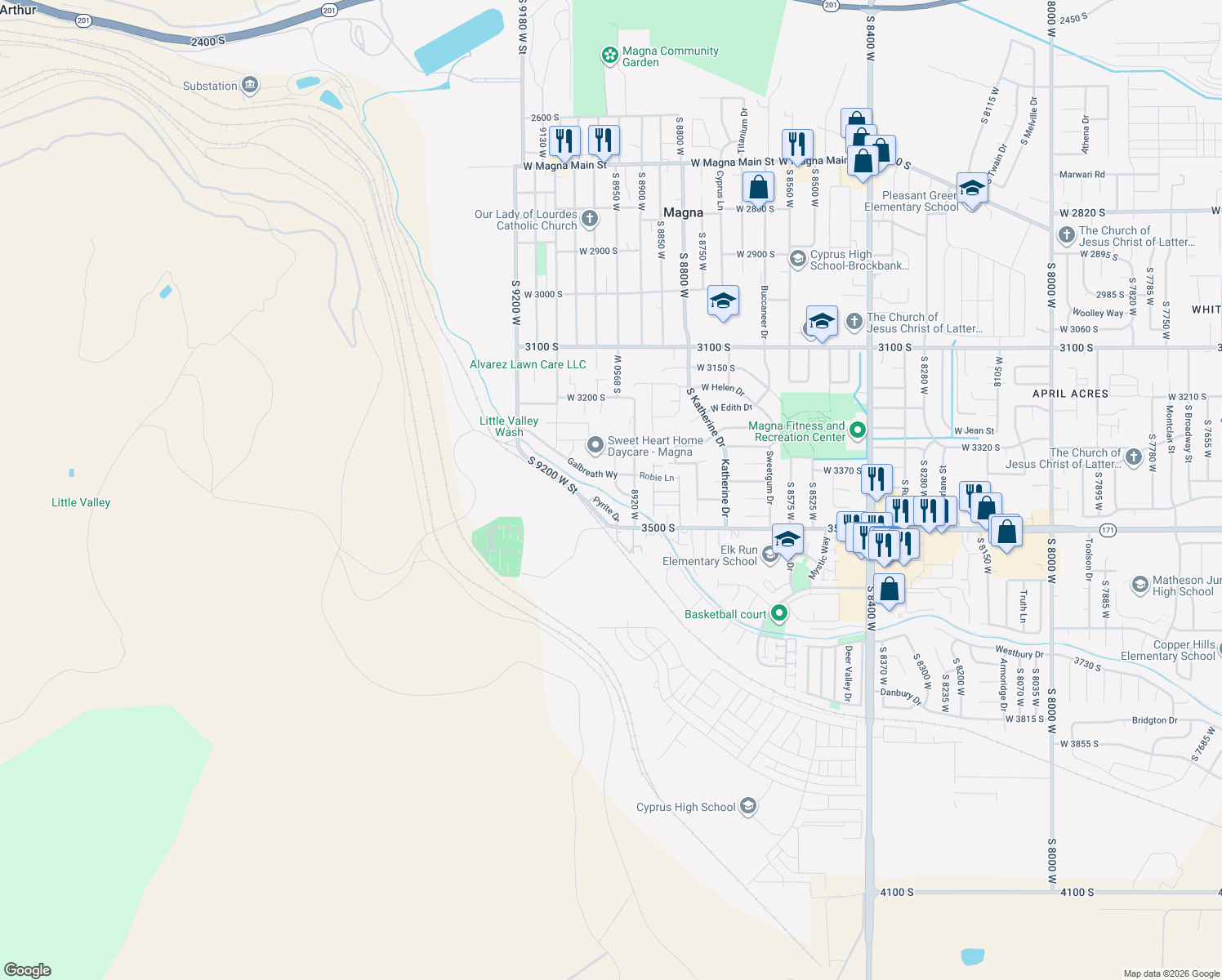 map of restaurants, bars, coffee shops, grocery stores, and more near 3408 Leonidas Dr in Magna