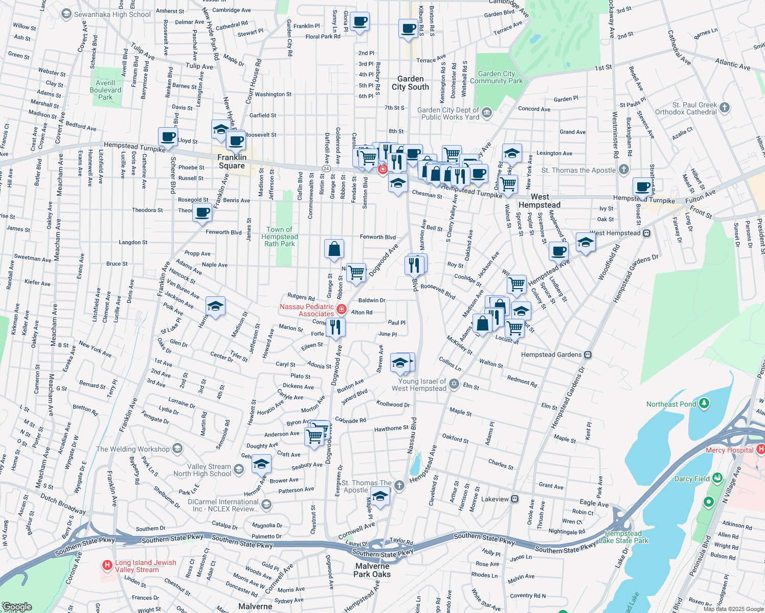 map of restaurants, bars, coffee shops, grocery stores, and more near 296 Paul Pl in West Hempstead