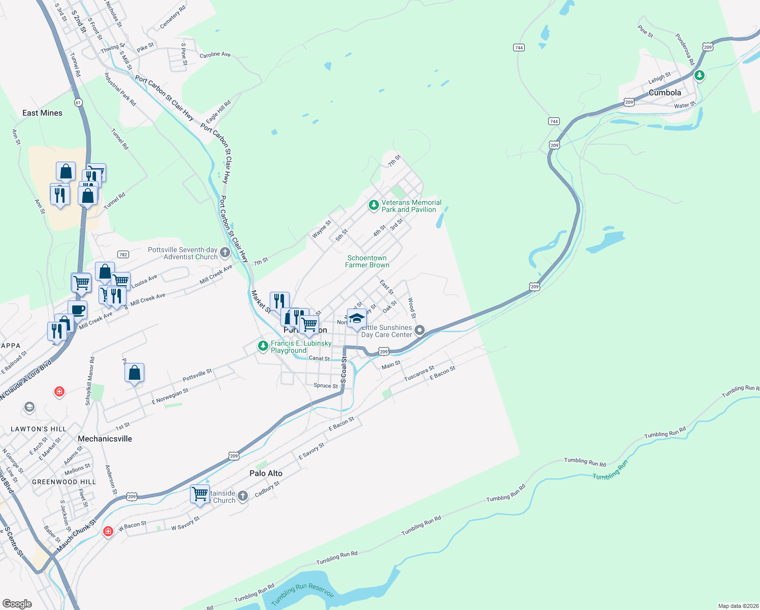 map of restaurants, bars, coffee shops, grocery stores, and more near 402 Valley Street in Port Carbon