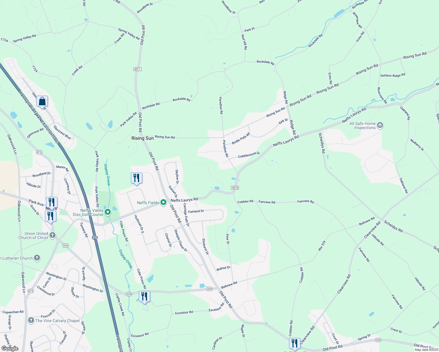 map of restaurants, bars, coffee shops, grocery stores, and more near 5415 Fells Creek Road in Schnecksville
