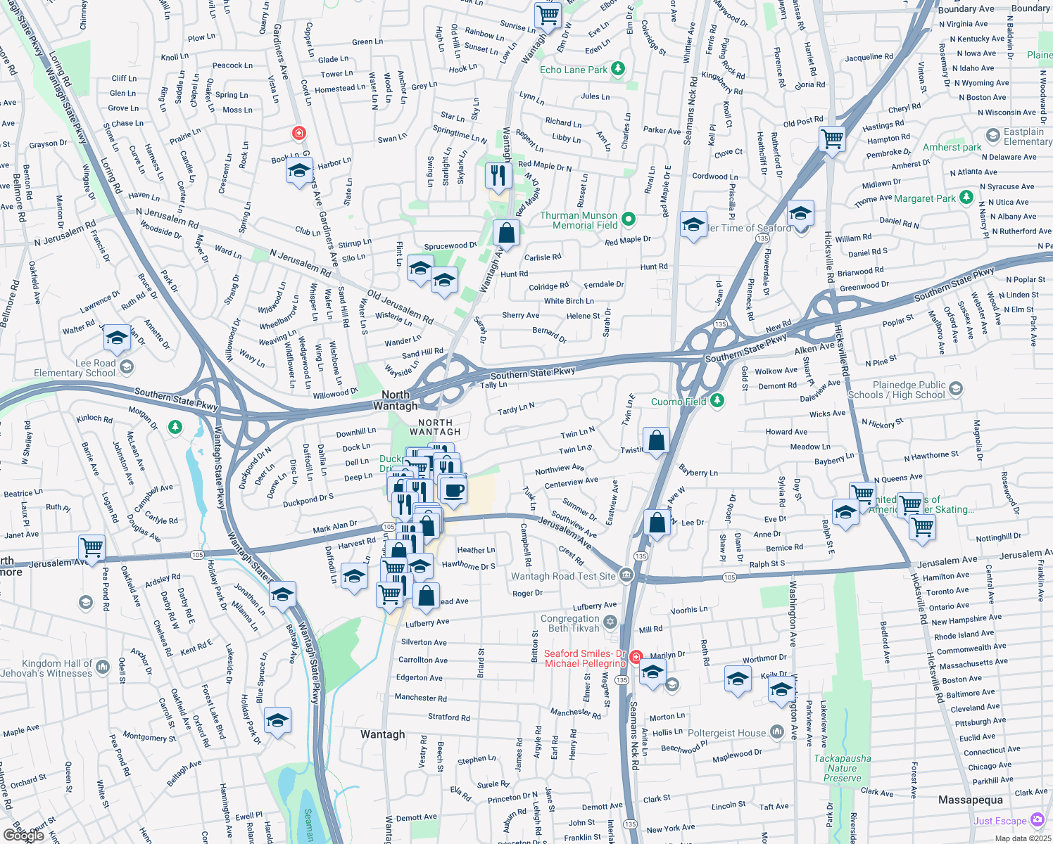 map of restaurants, bars, coffee shops, grocery stores, and more near 148 Tardy Lane in Wantagh
