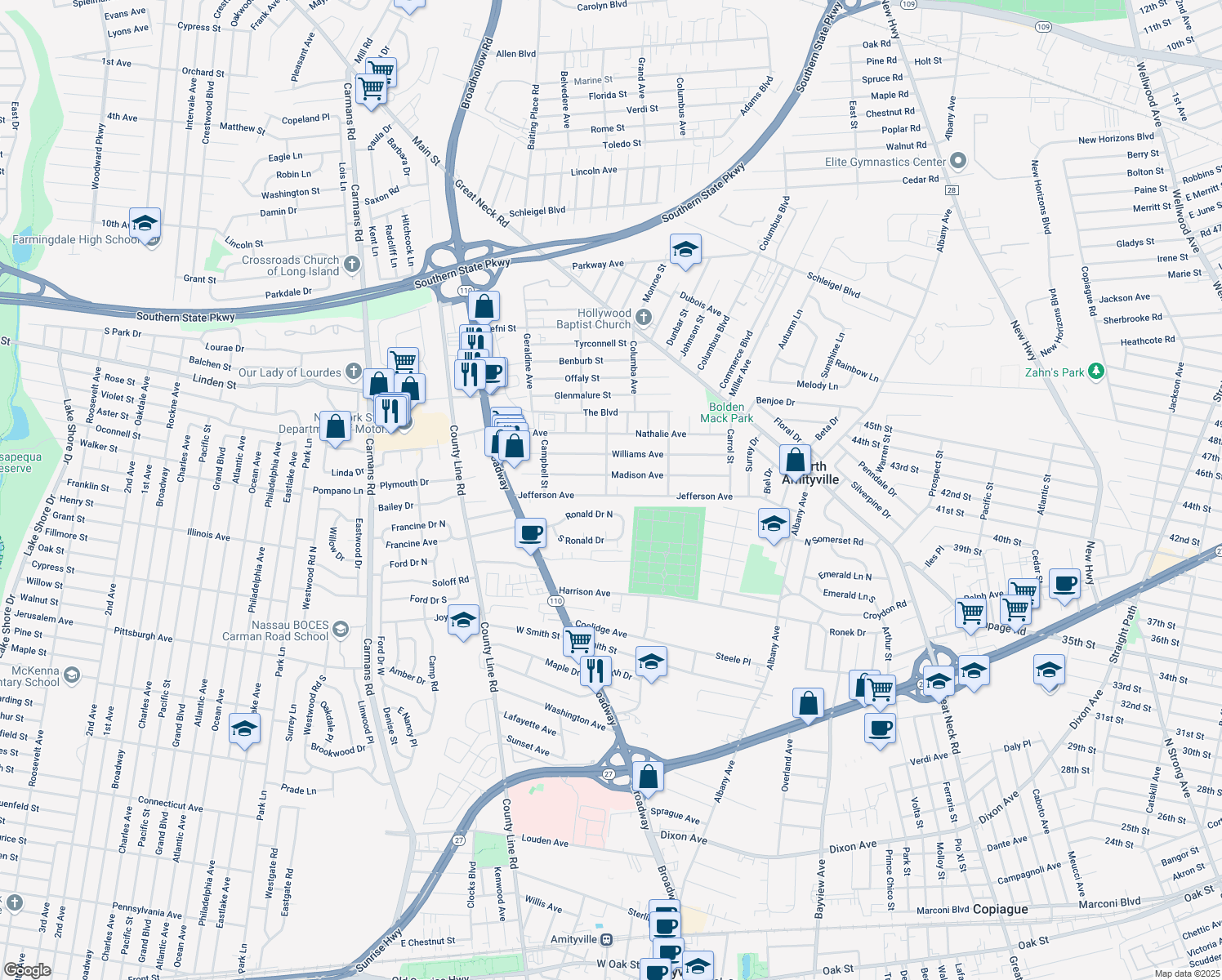 map of restaurants, bars, coffee shops, grocery stores, and more near 7 Moore Street in Amityville