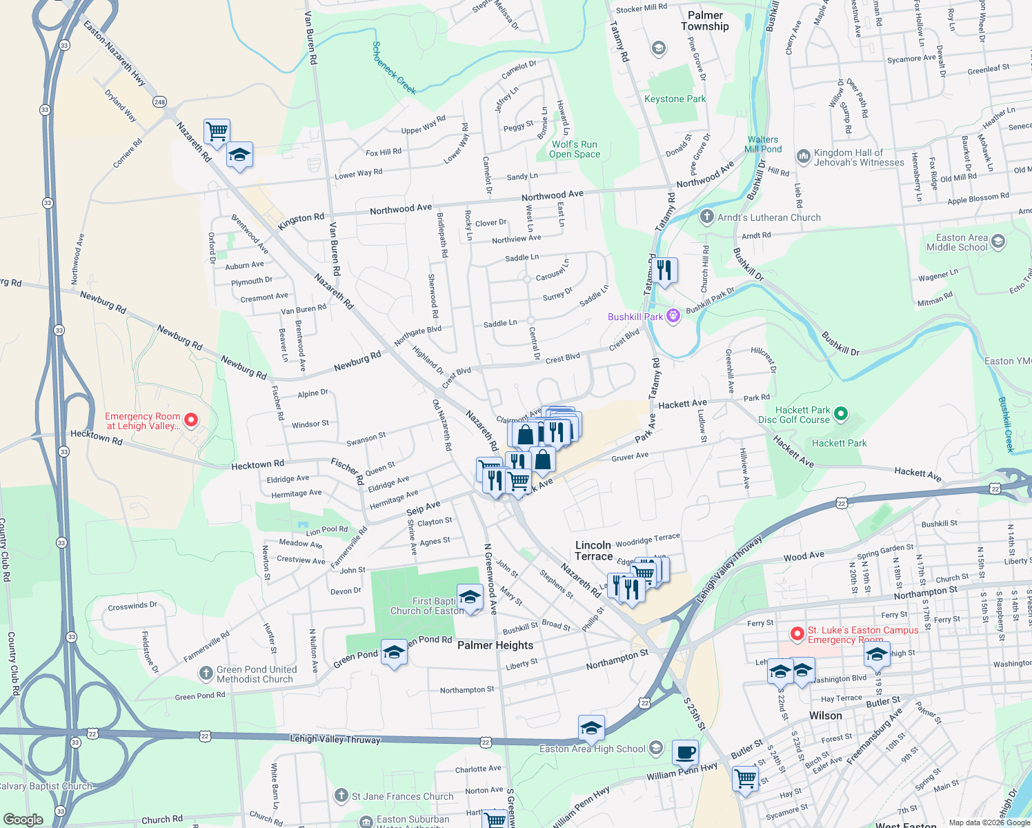 map of restaurants, bars, coffee shops, grocery stores, and more near 39 Clairmont Avenue in Easton