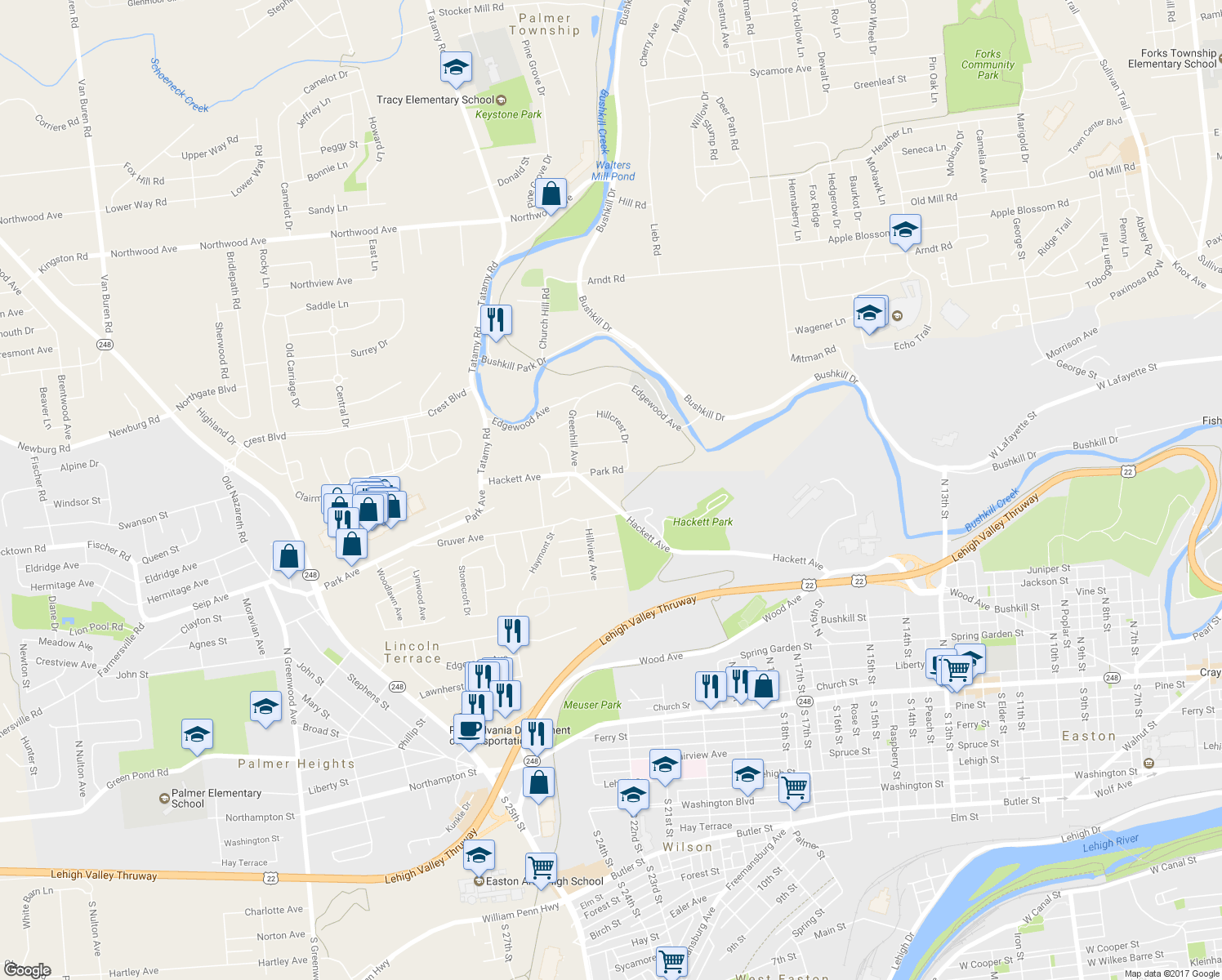 map of restaurants, bars, coffee shops, grocery stores, and more near 2025 Hackett Avenue in Easton
