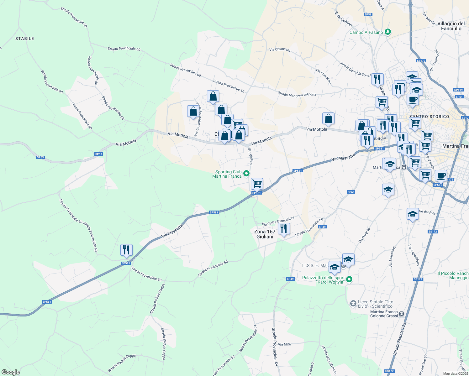map of restaurants, bars, coffee shops, grocery stores, and more near in Province of Taranto