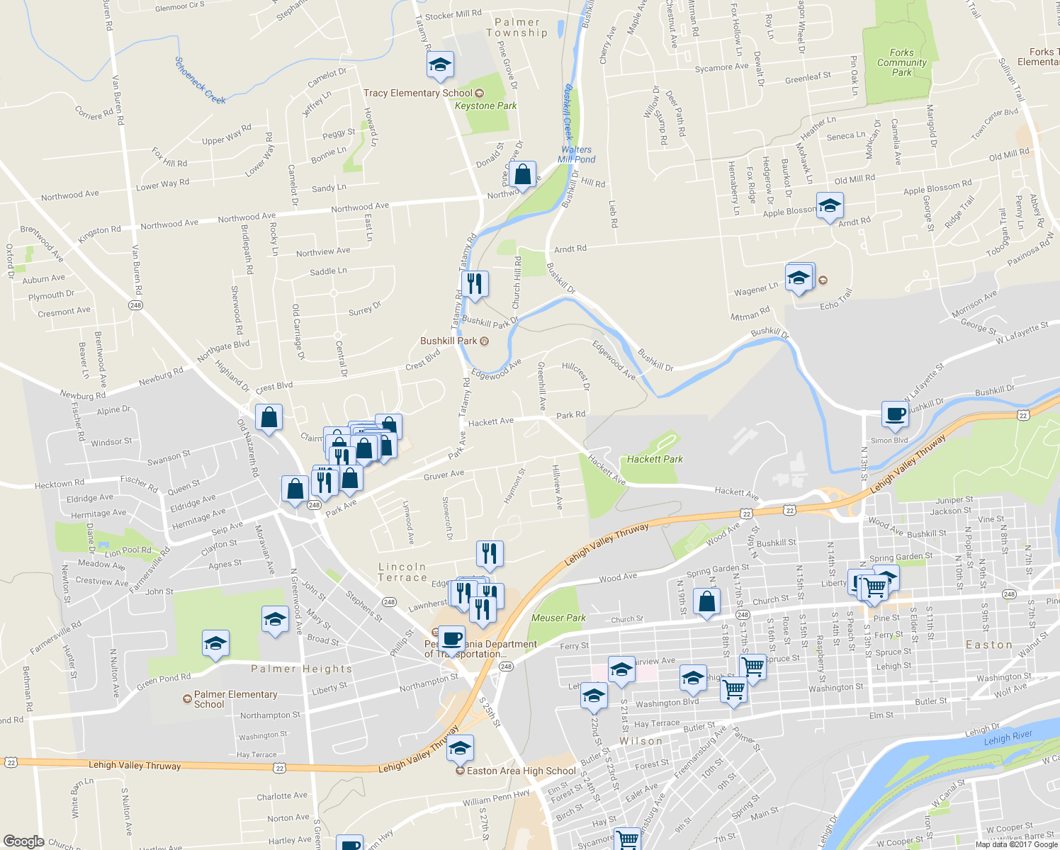 map of restaurants, bars, coffee shops, grocery stores, and more near 714 Ludlow Street in Easton