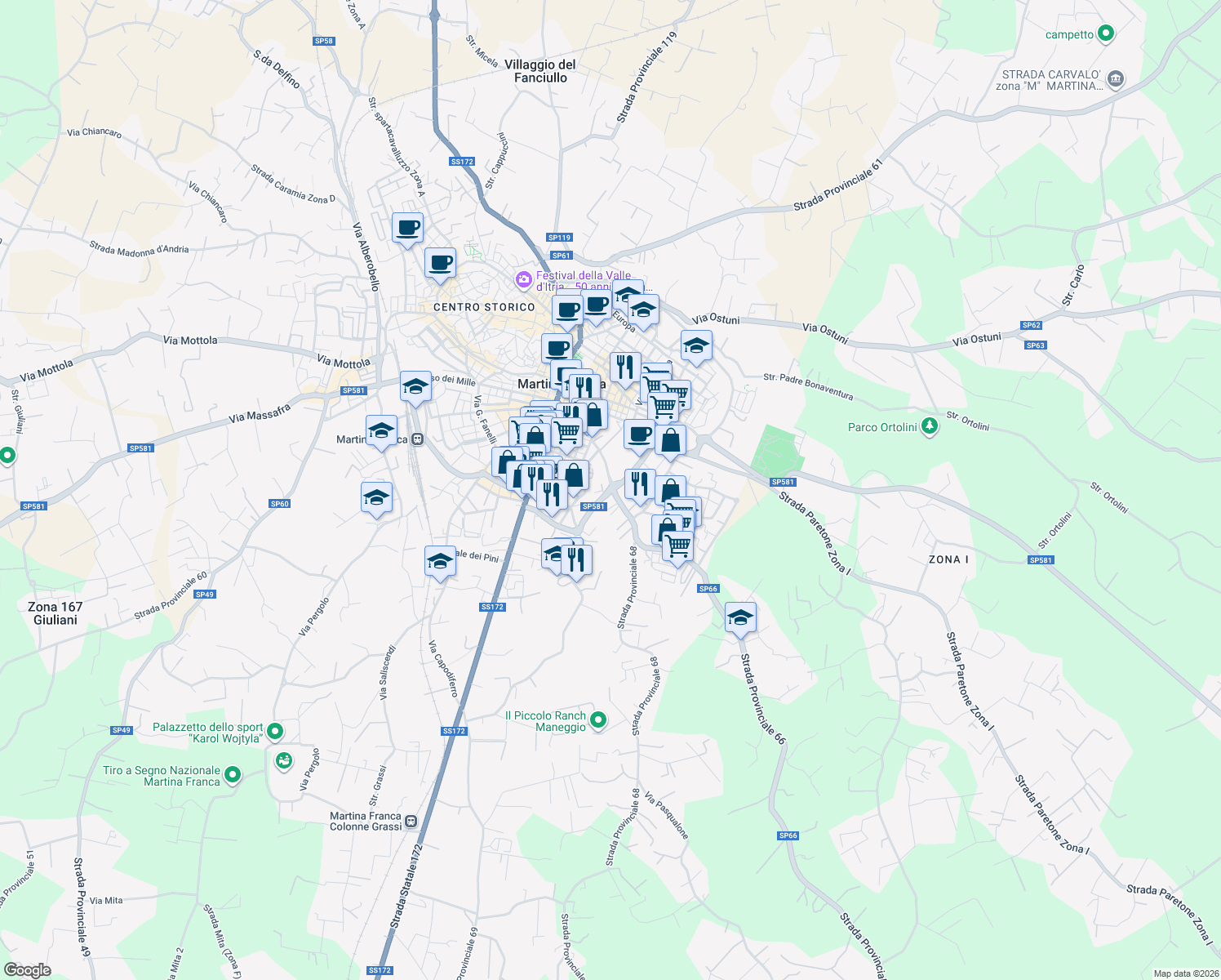 map of restaurants, bars, coffee shops, grocery stores, and more near SS581 in Martina Franca