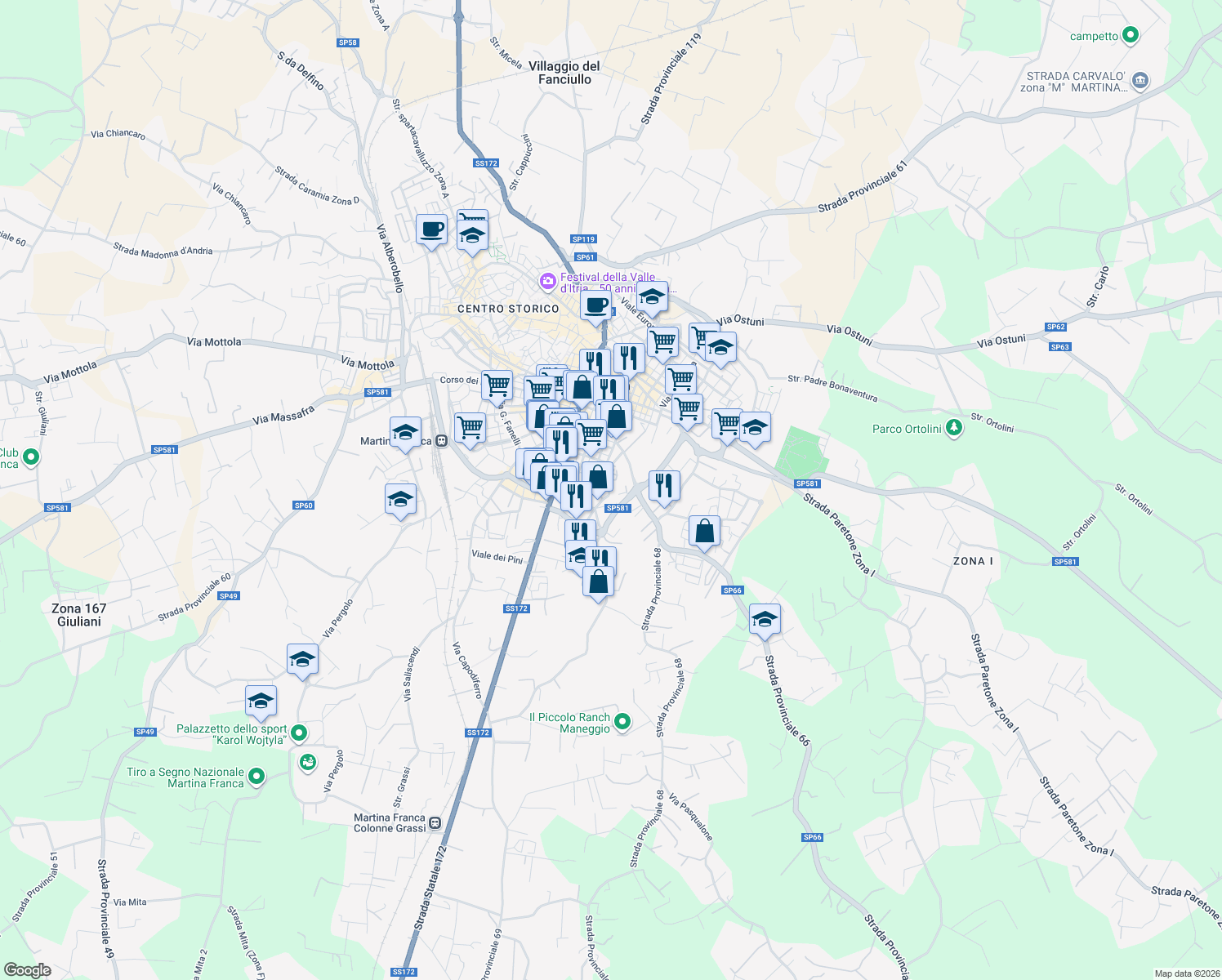 map of restaurants, bars, coffee shops, grocery stores, and more near SS581 in Martina Franca
