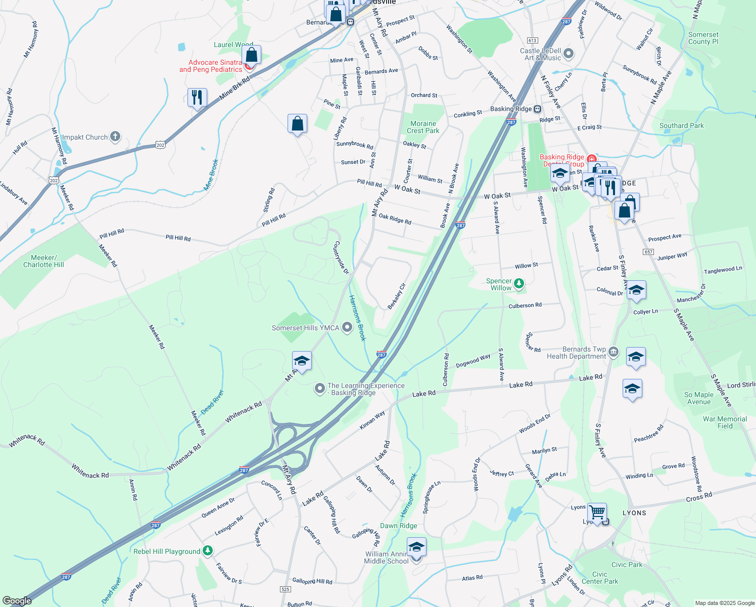 map of restaurants, bars, coffee shops, grocery stores, and more near 80 Berkeley Circle in Bernards