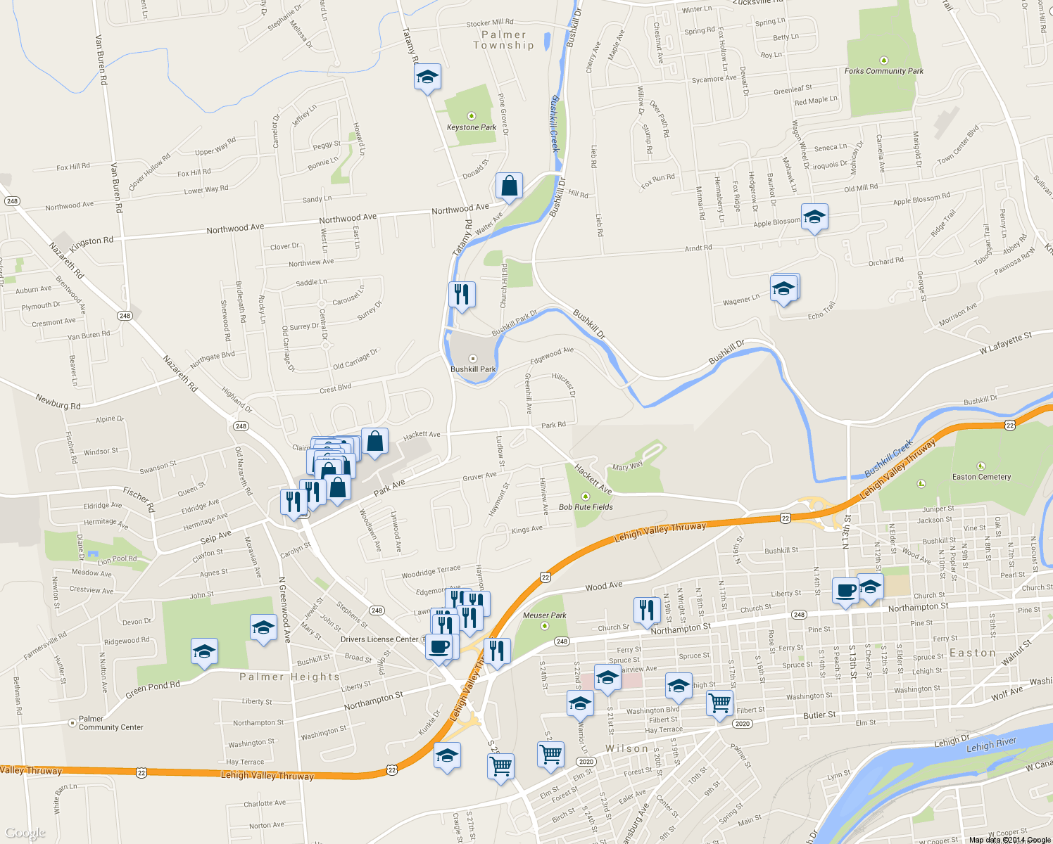 map of restaurants, bars, coffee shops, grocery stores, and more near 2101 Hackett Avenue in Easton