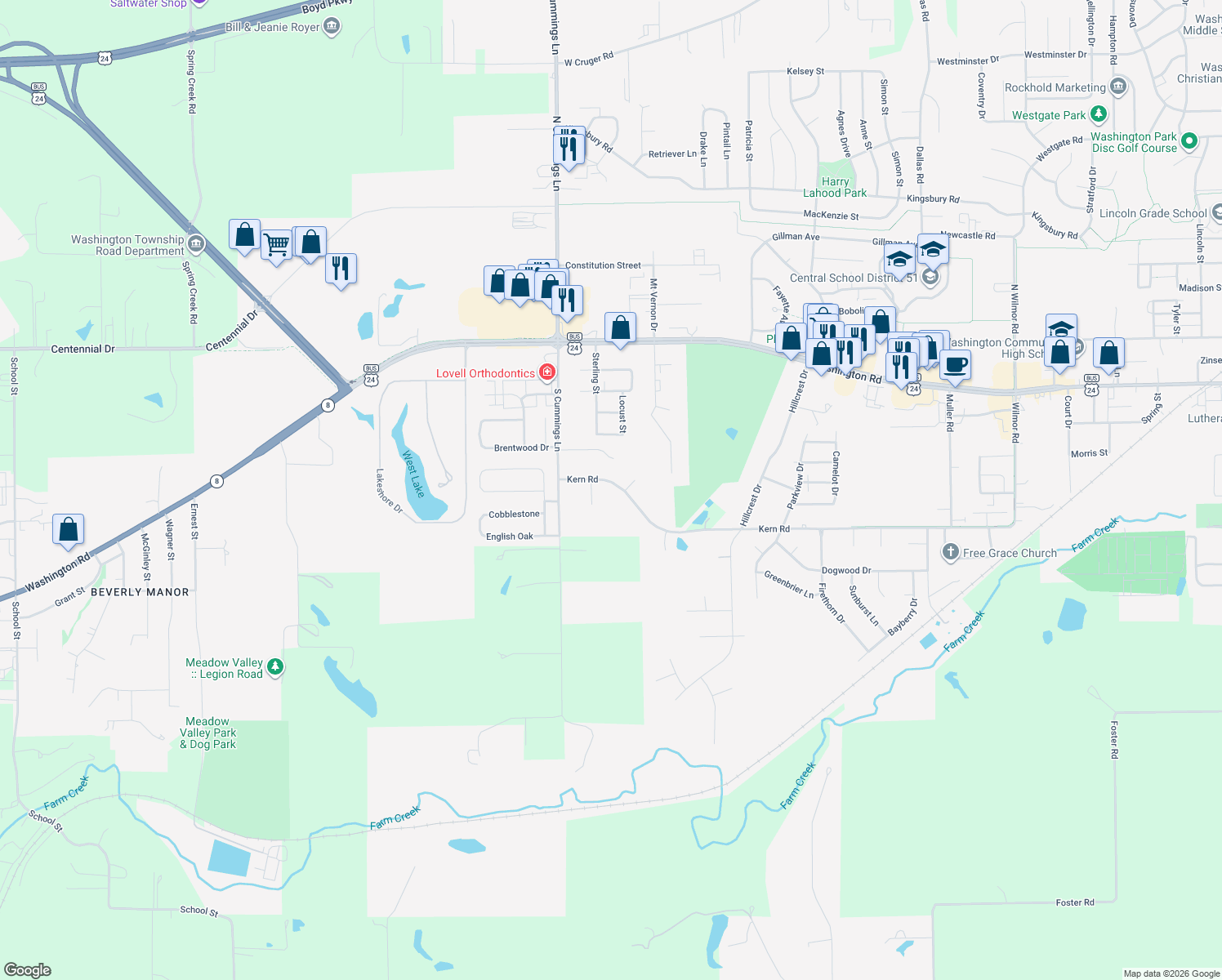 map of restaurants, bars, coffee shops, grocery stores, and more near 1823 Kern Road in Washington