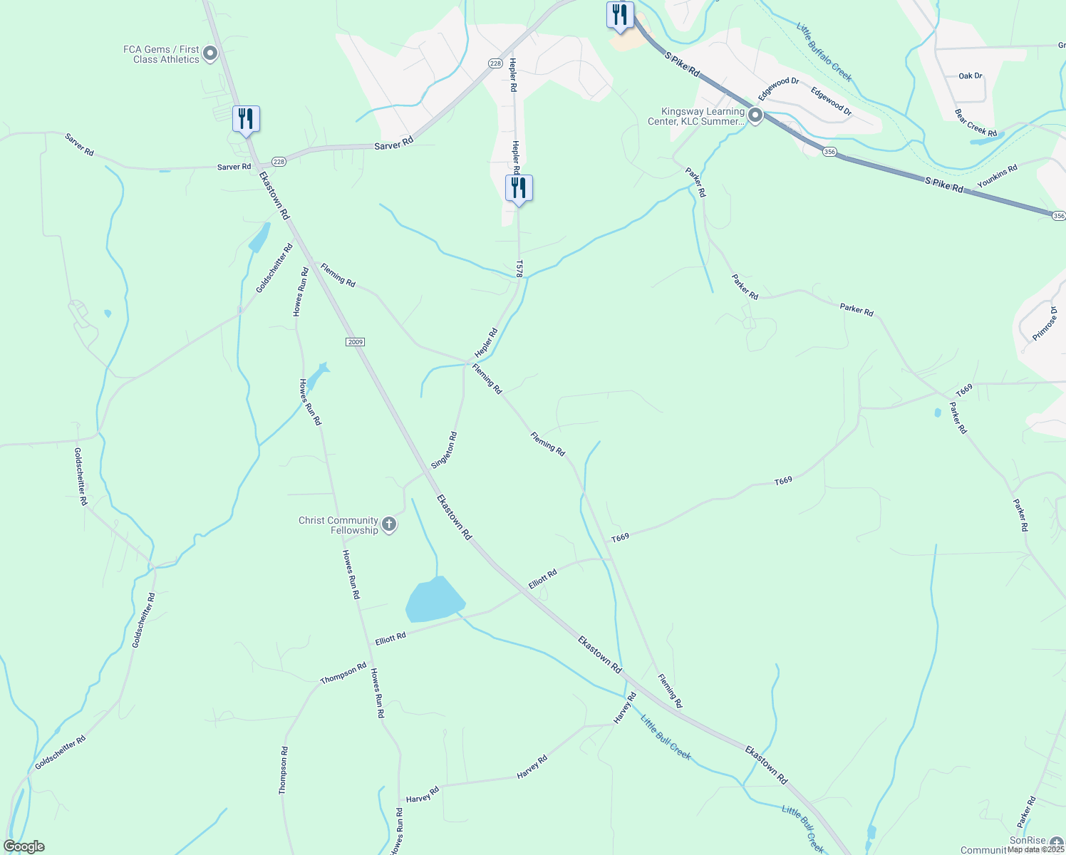 map of restaurants, bars, coffee shops, grocery stores, and more near 553 Fleming Road in Sarver