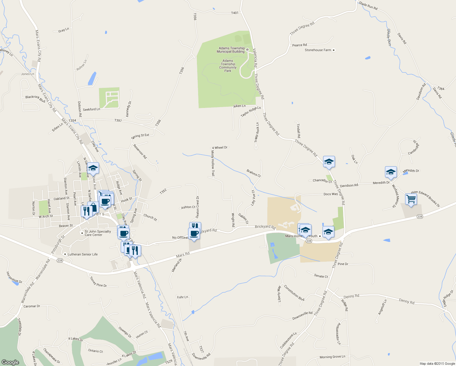 map of restaurants, bars, coffee shops, grocery stores, and more near 144 Wright Rd in Mars