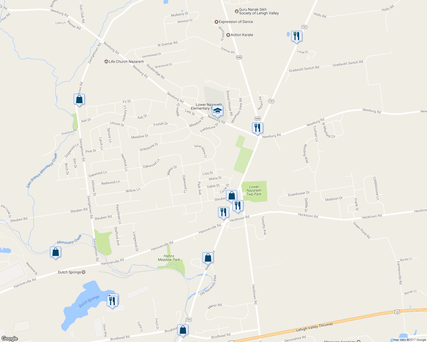map of restaurants, bars, coffee shops, grocery stores, and more near 4448 Lisa Drive in Bethlehem