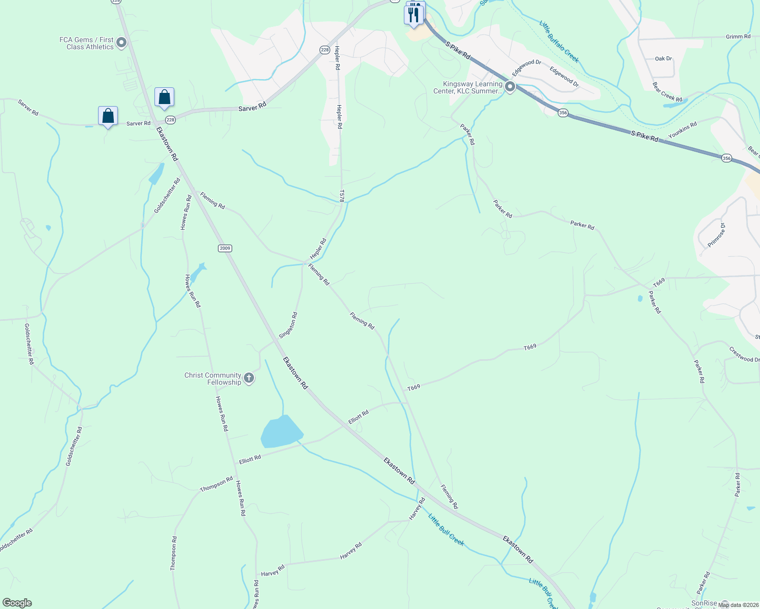 map of restaurants, bars, coffee shops, grocery stores, and more near 105 Snyder Lane in Sarver