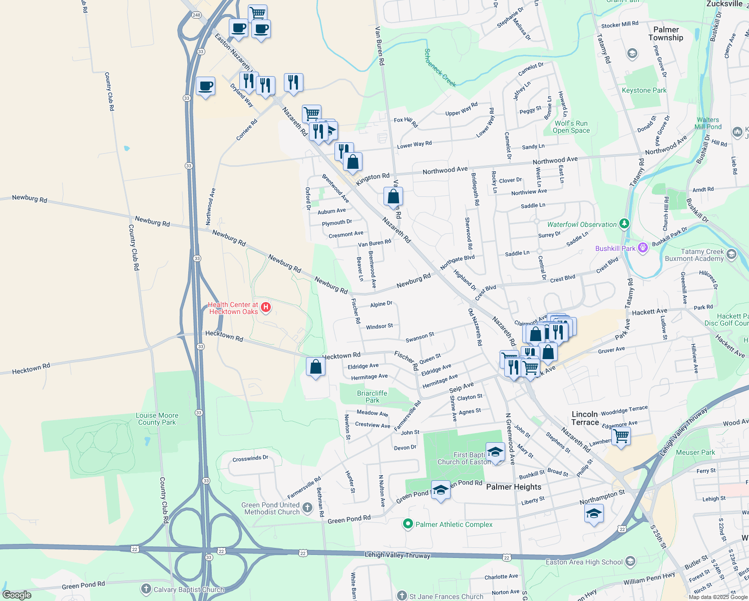 map of restaurants, bars, coffee shops, grocery stores, and more near 35 Alpine Dr in Easton