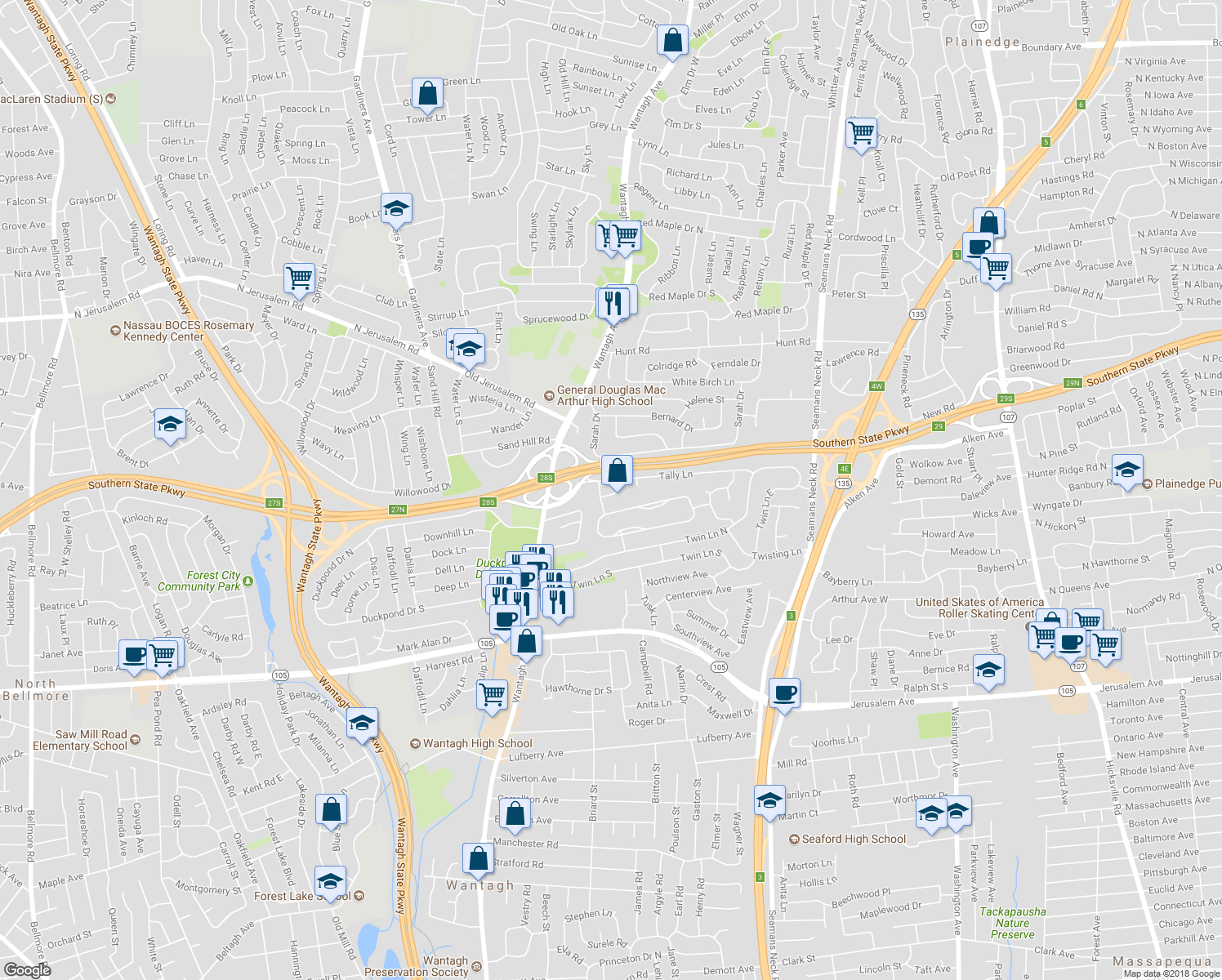 map of restaurants, bars, coffee shops, grocery stores, and more near 185 Willis Court in Wantagh