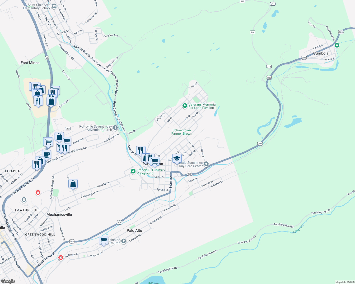 map of restaurants, bars, coffee shops, grocery stores, and more near 363 1st Street in Port Carbon