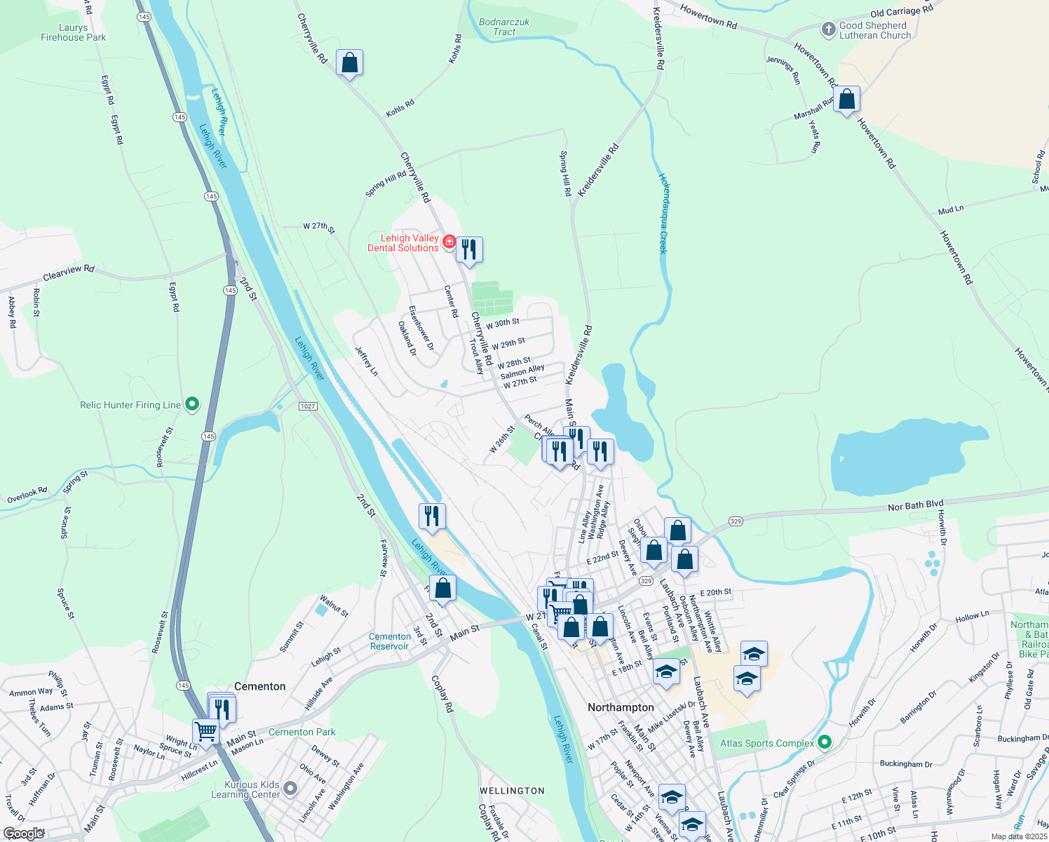 map of restaurants, bars, coffee shops, grocery stores, and more near 2525 Cherryville Road in Northampton