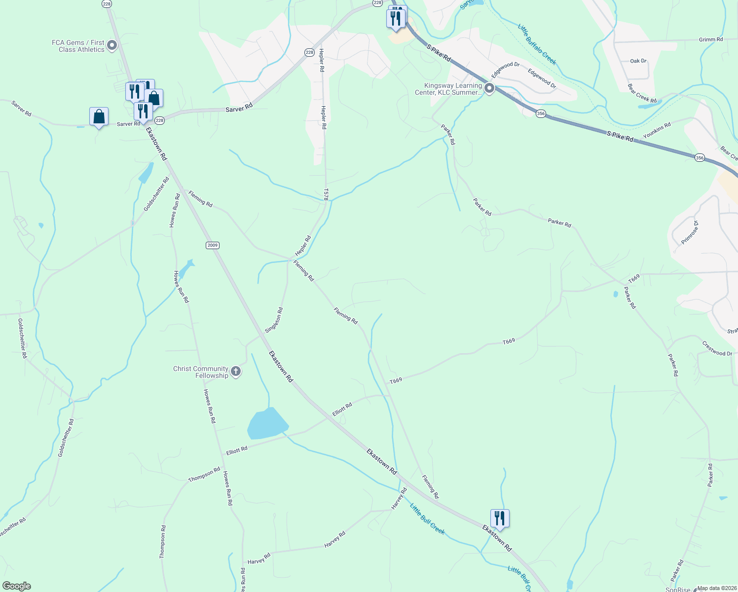 map of restaurants, bars, coffee shops, grocery stores, and more near 105 Snyder Lane in Sarver