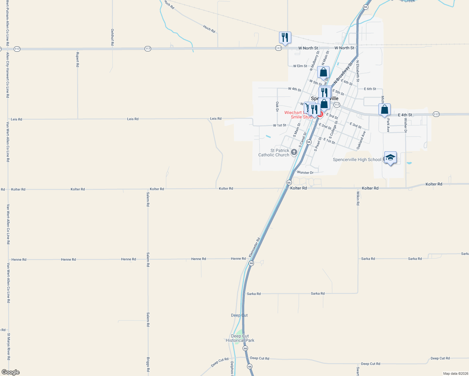 map of restaurants, bars, coffee shops, grocery stores, and more near 13821 Wilshire Rd in Spencerville