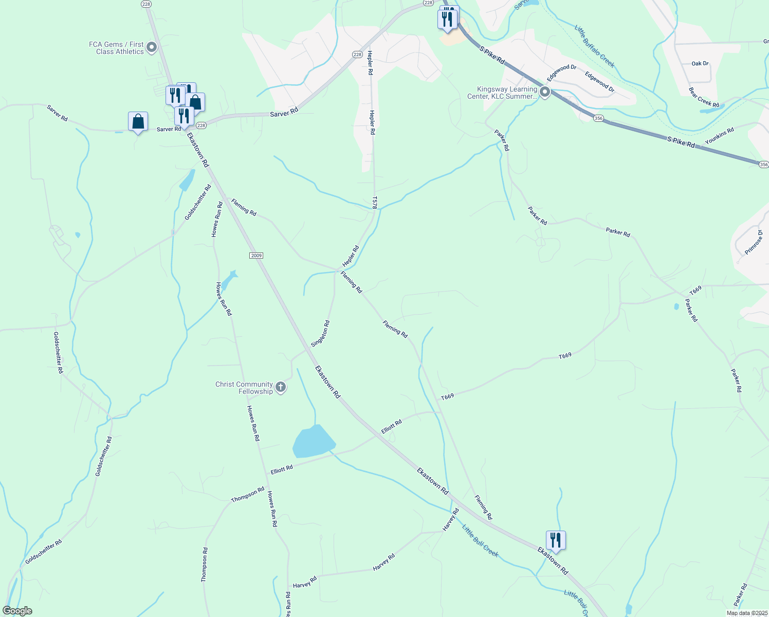 map of restaurants, bars, coffee shops, grocery stores, and more near 553 Fleming Road in Sarver
