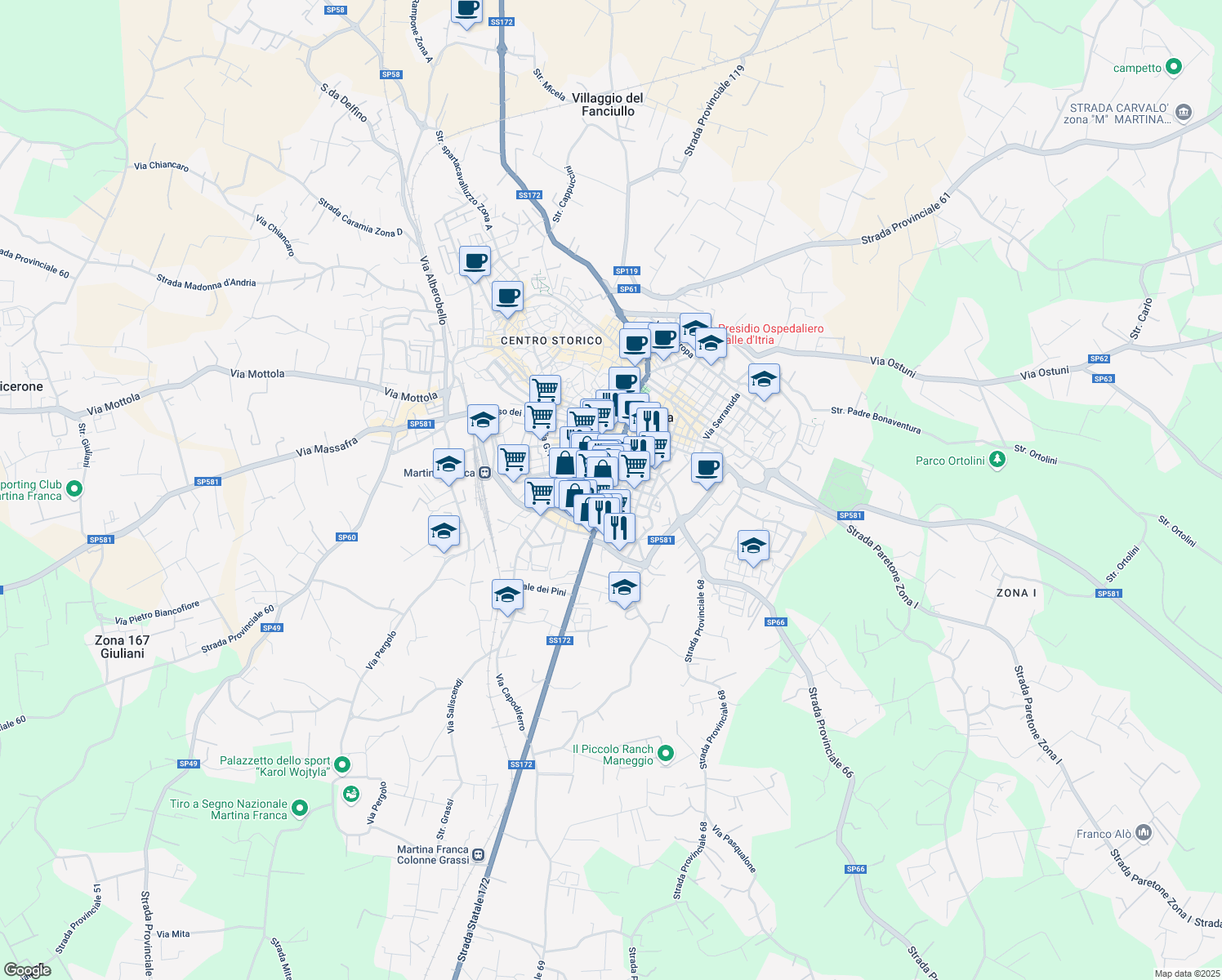 map of restaurants, bars, coffee shops, grocery stores, and more near 25 Via Taranto in Martina Franca
