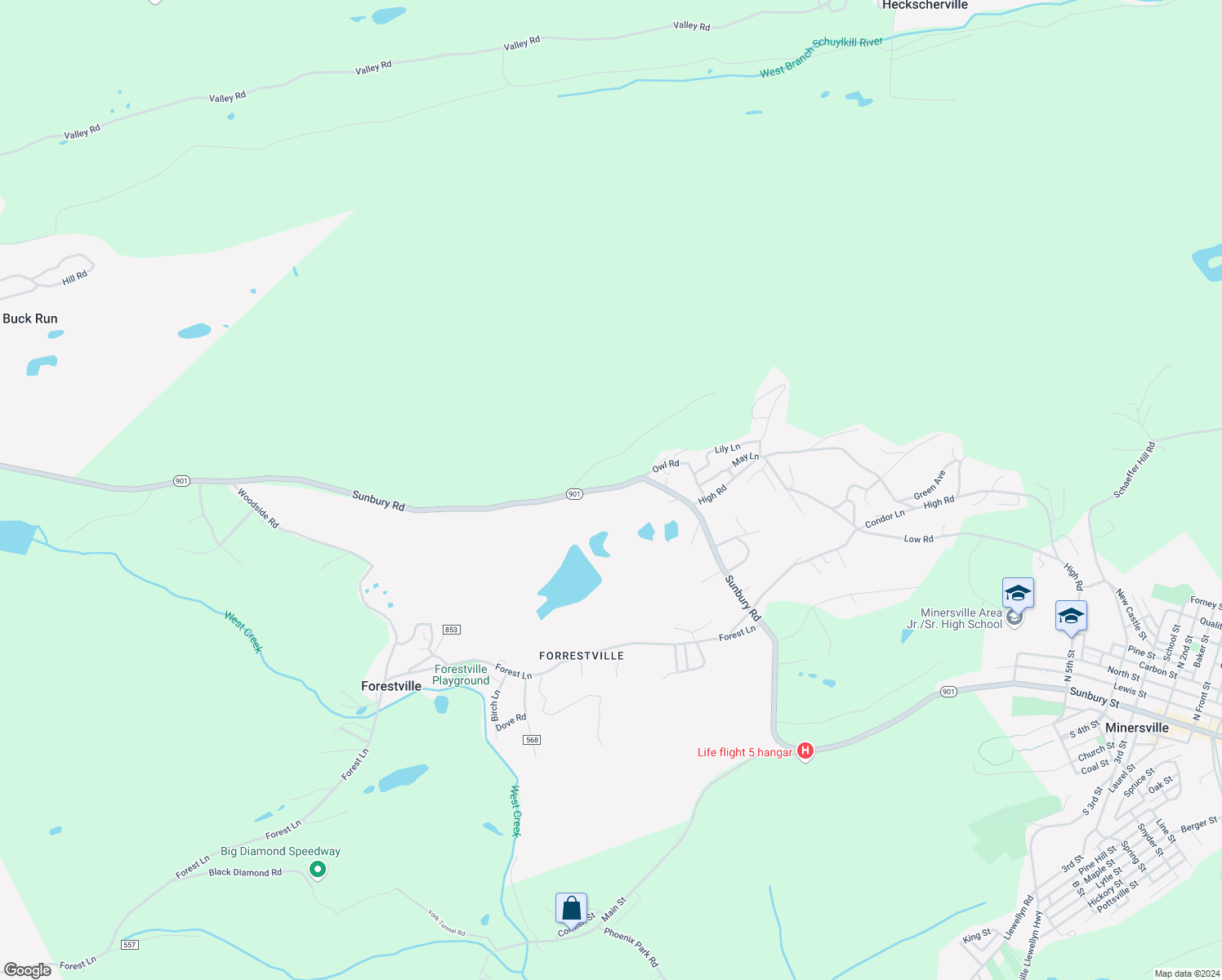 map of restaurants, bars, coffee shops, grocery stores, and more near 1037 Sunbury Road in Pottsville