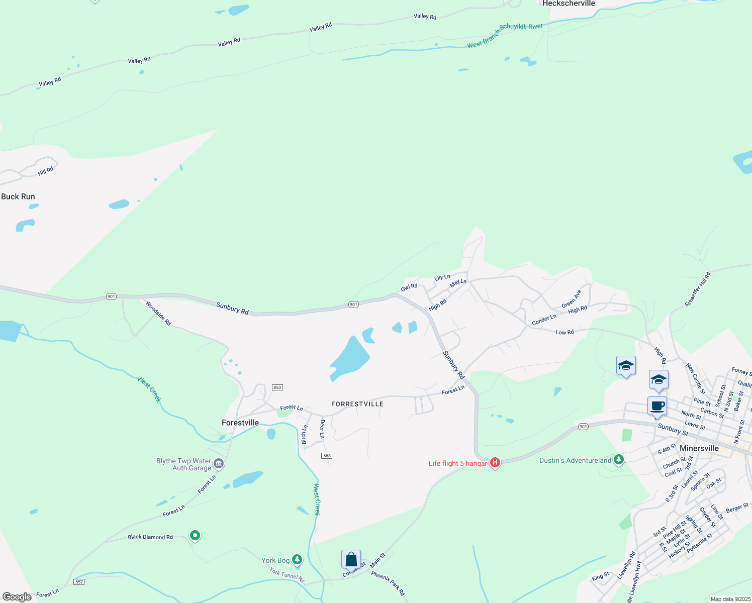 map of restaurants, bars, coffee shops, grocery stores, and more near 1037 Sunbury Road in Pottsville