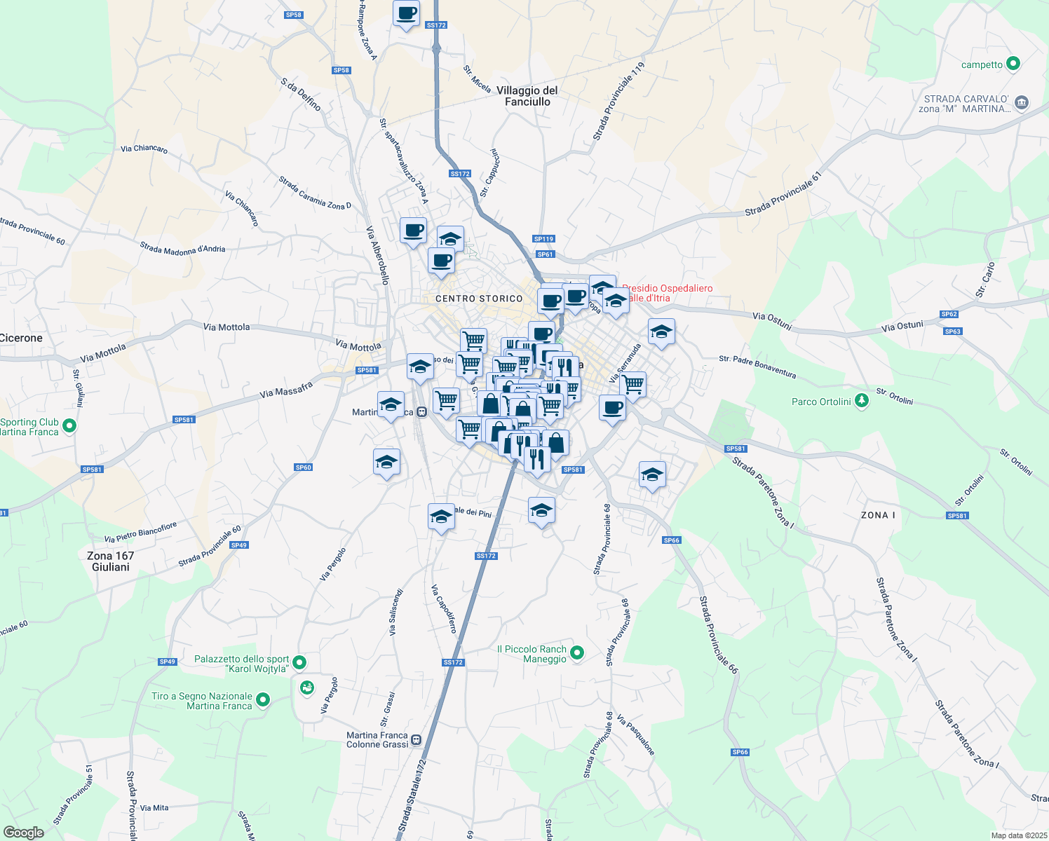 map of restaurants, bars, coffee shops, grocery stores, and more near 25 Via Taranto in Martina Franca