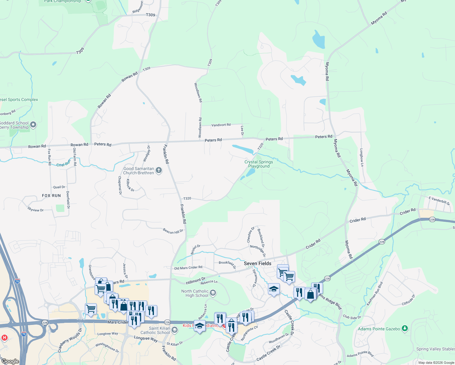 map of restaurants, bars, coffee shops, grocery stores, and more near 26 Burke Road in Cranberry Township