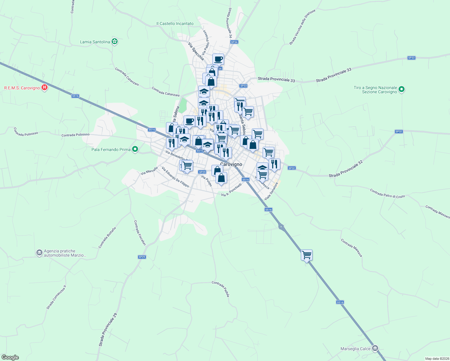 map of restaurants, bars, coffee shops, grocery stores, and more near 21 Via Saverio Mercadante in Carovigno