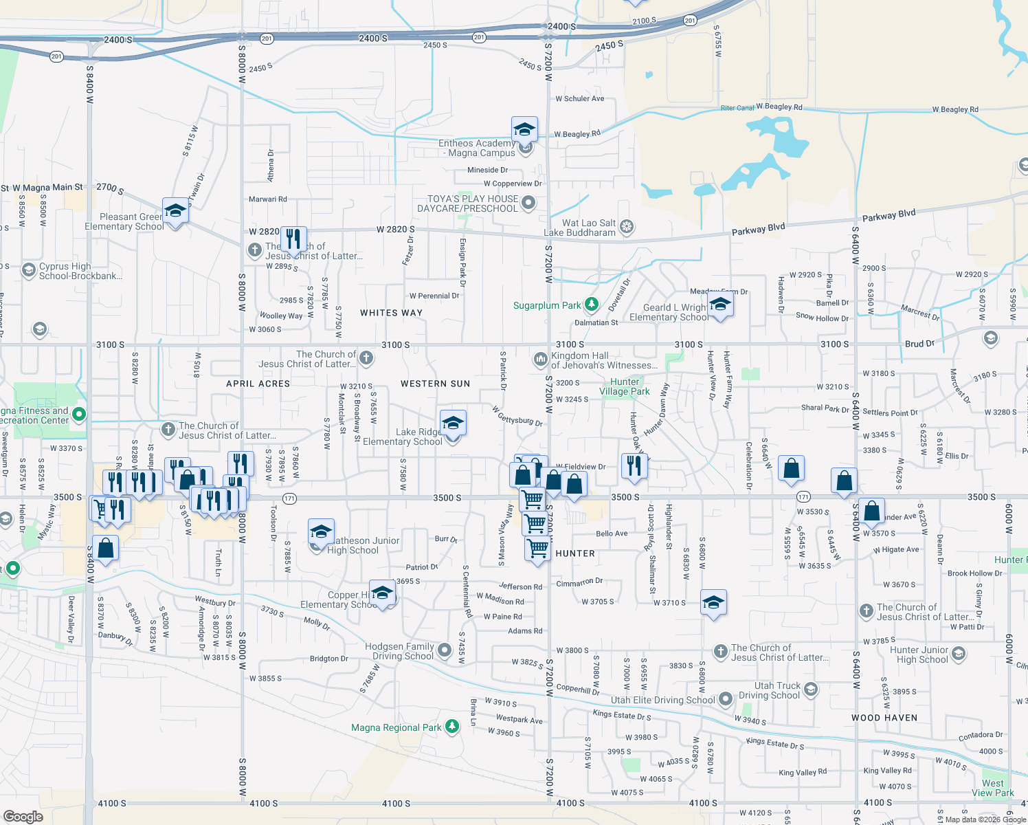 map of restaurants, bars, coffee shops, grocery stores, and more near 7286 West Gettysburg Drive in Magna